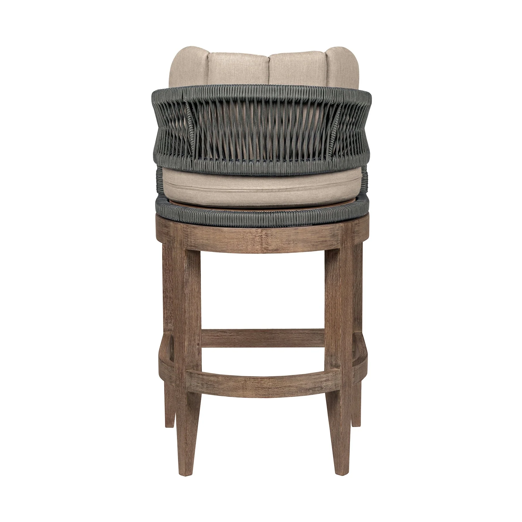 Orbit Outdoor Patio 30" Bar Stool in Weathered Eucalyptus Wood with Gray Rope and Taupe Olefin Cushions - Image 5