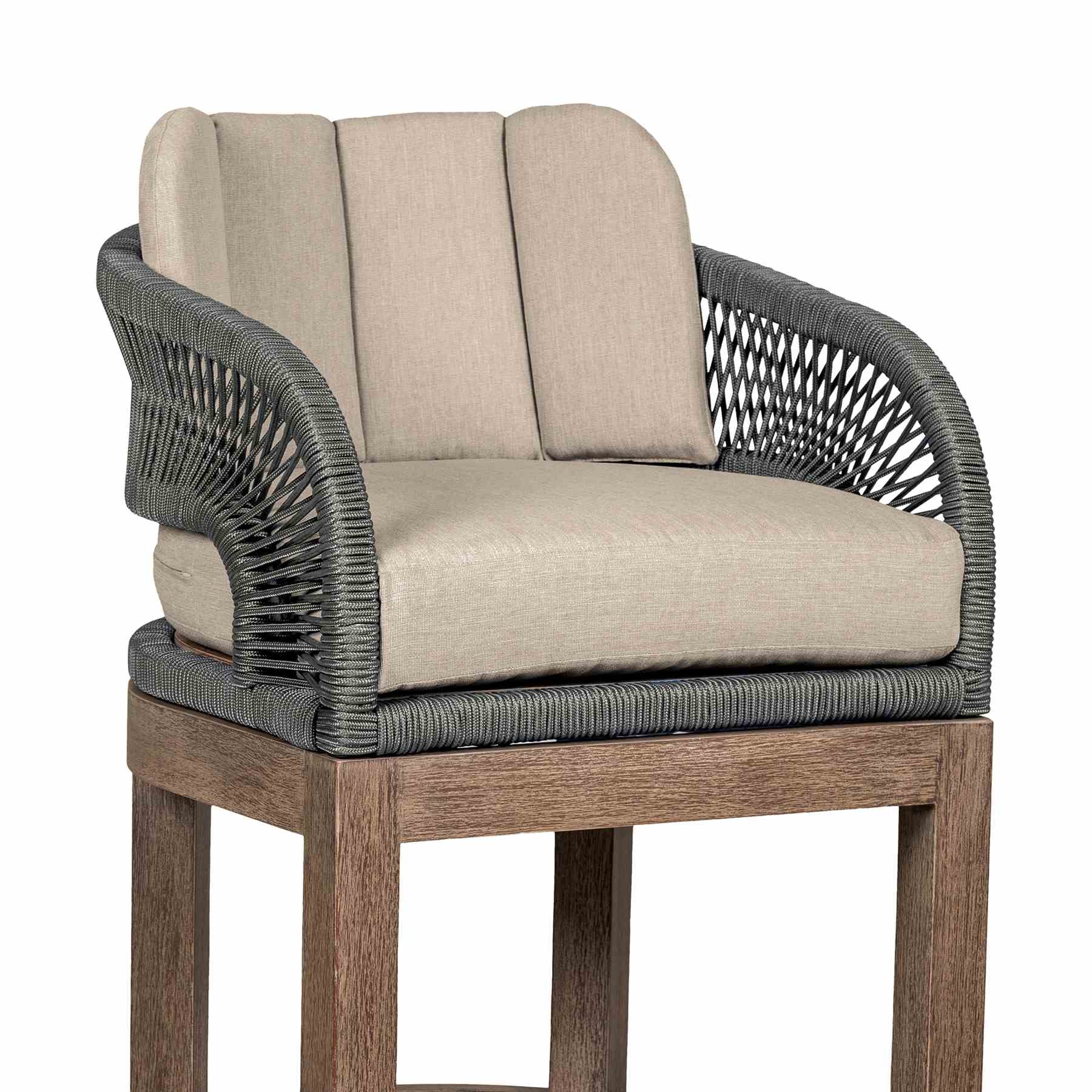 Orbit Outdoor Patio 30" Bar Stool in Weathered Eucalyptus Wood with Gray Rope and Taupe Olefin Cushions - Image 6
