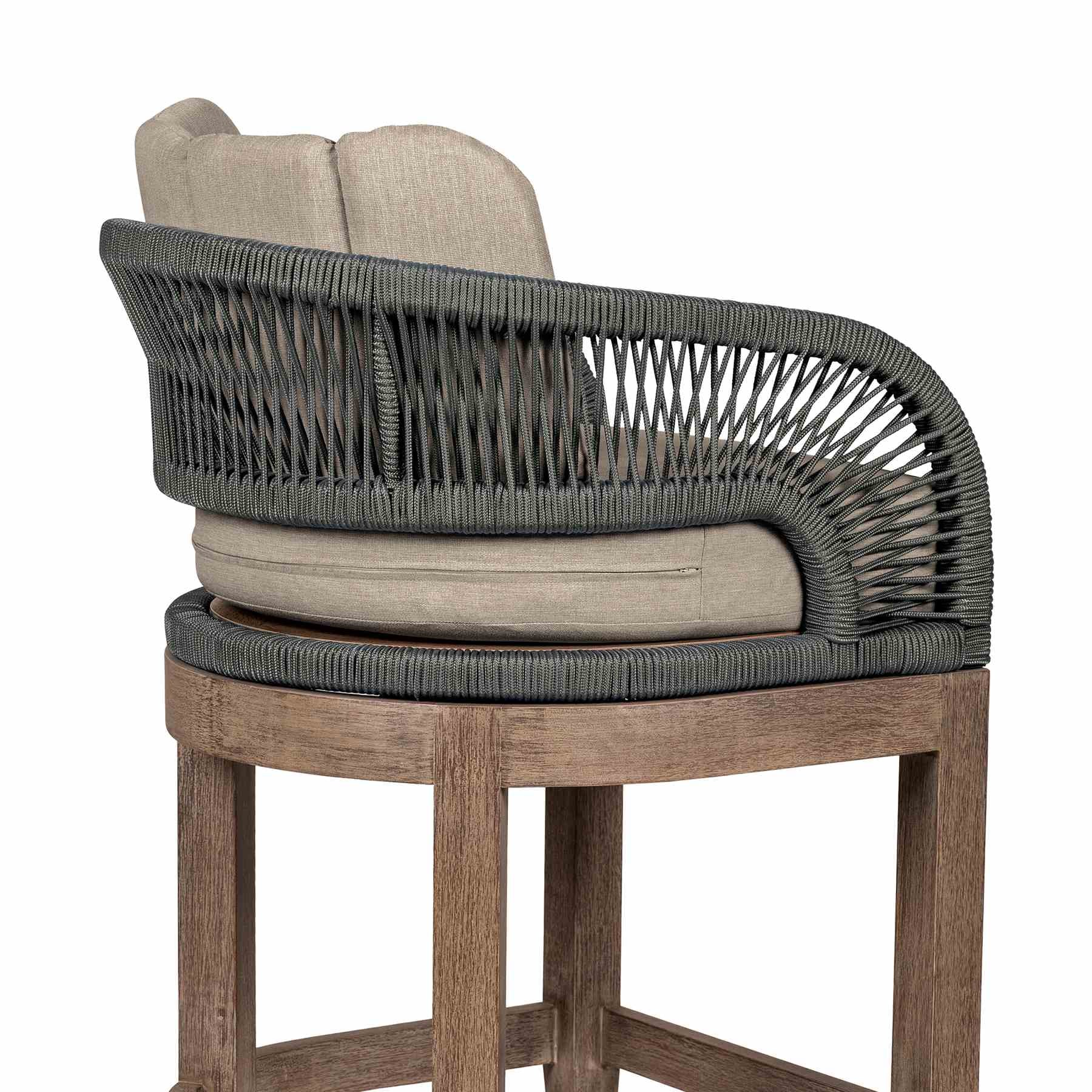 Orbit Outdoor Patio 30" Bar Stool in Weathered Eucalyptus Wood with Gray Rope and Taupe Olefin Cushions - Image 7