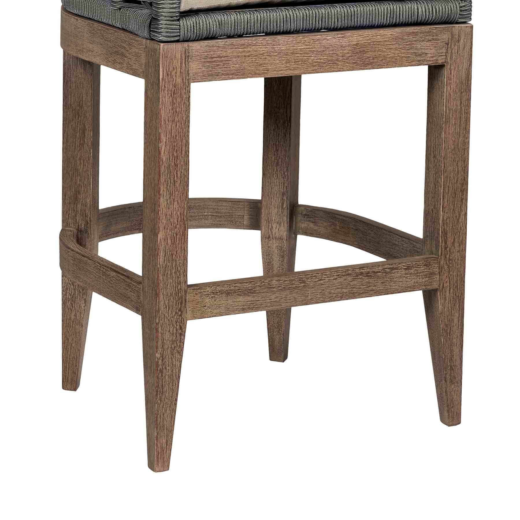 Orbit Outdoor Patio 30" Bar Stool in Weathered Eucalyptus Wood with Gray Rope and Taupe Olefin Cushions - Image 8