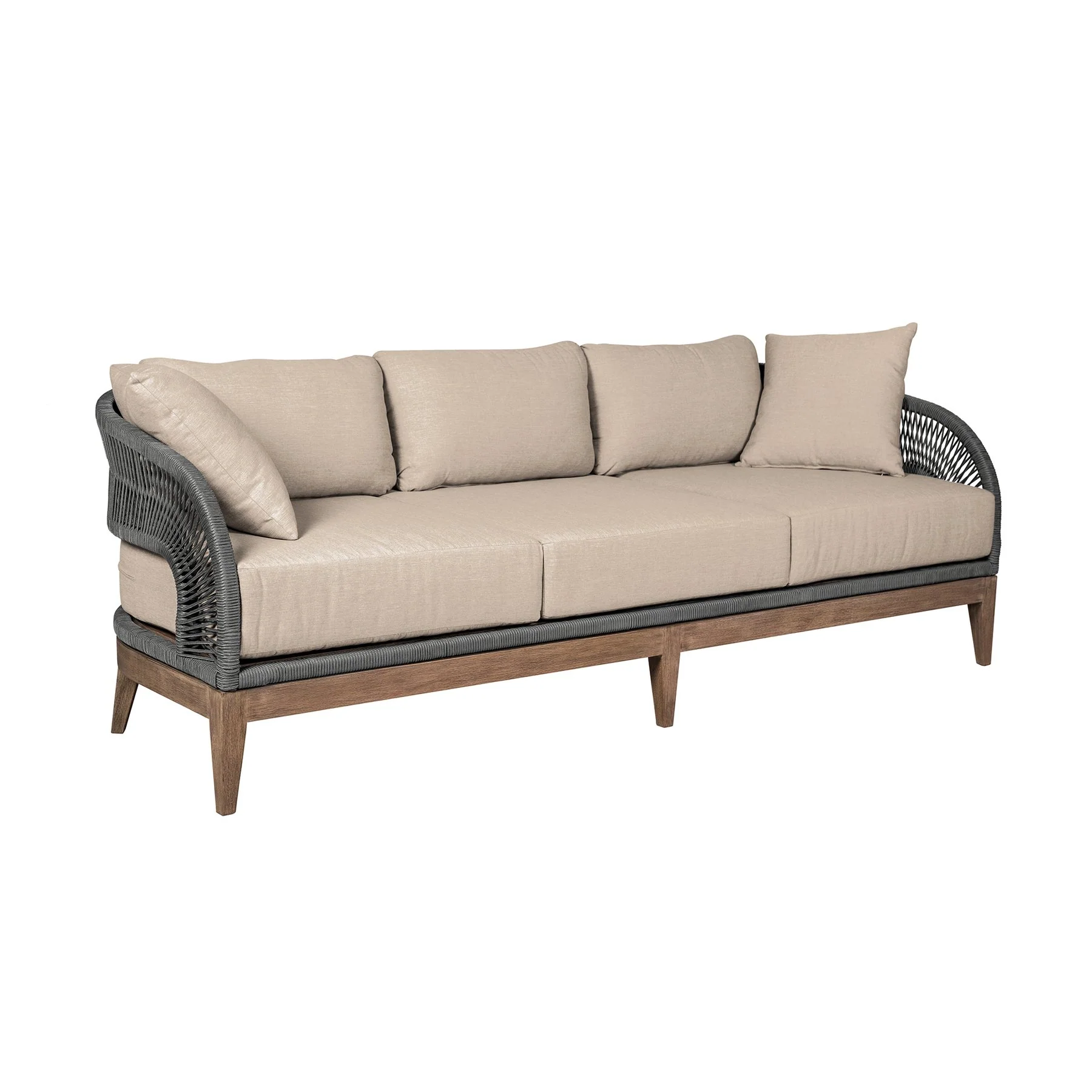 Orbit Outdoor Patio 4 Piece Conversation Set in Weathered Eucalyptus Wood with Gray Rope and Taupe Olefin Cushions - Image 3