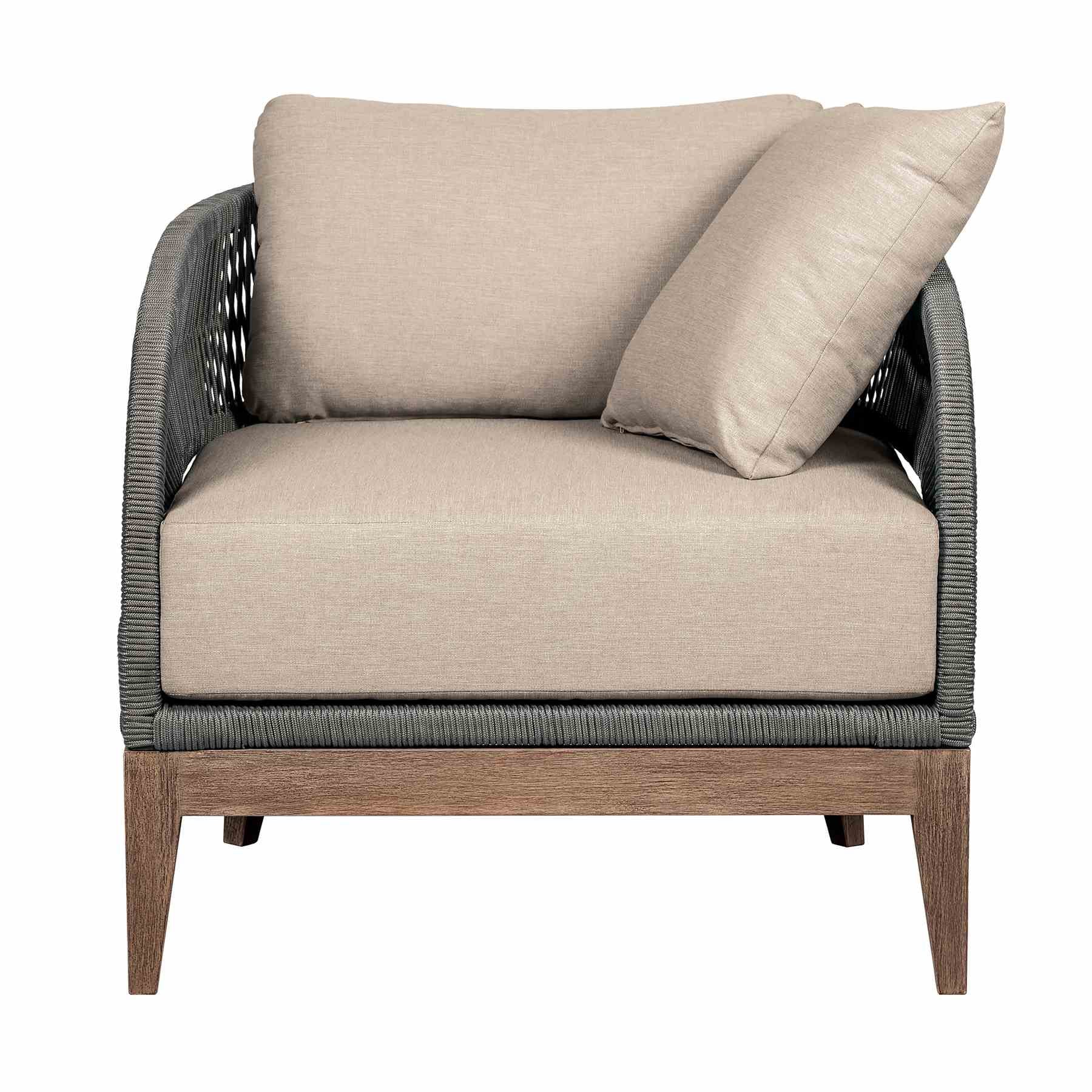 Orbit Outdoor Patio 4 Piece Conversation Set in Weathered Eucalyptus Wood with Gray Rope and Taupe Olefin Cushions - Image 4