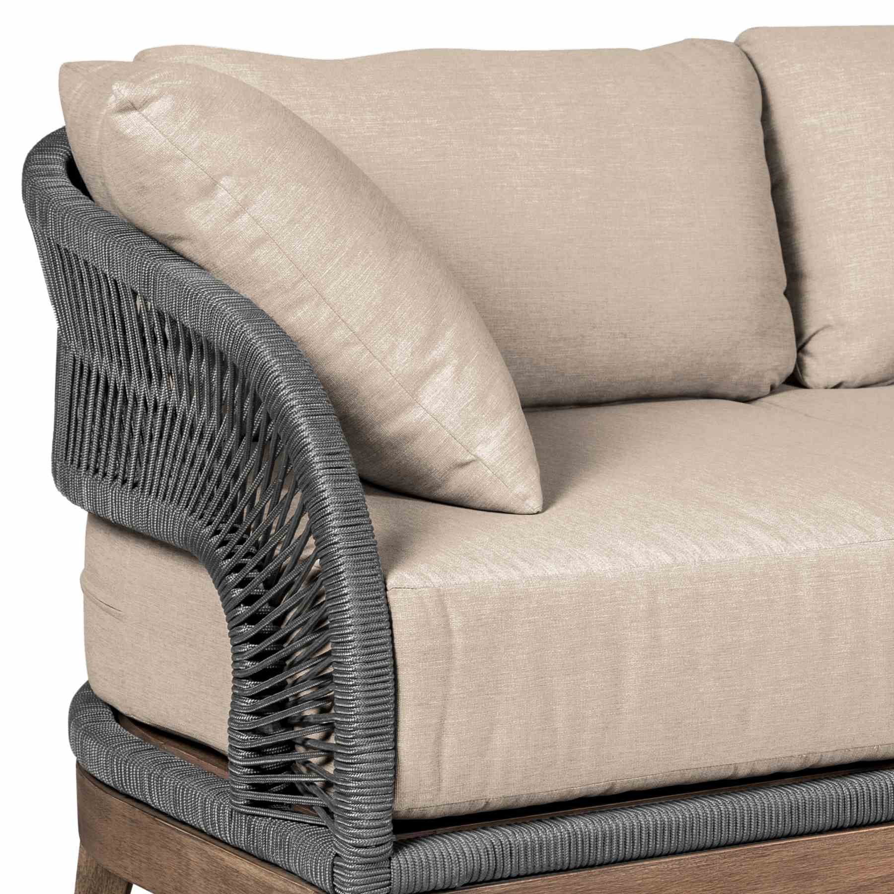Orbit Outdoor Patio 4 Piece Conversation Set in Weathered Eucalyptus Wood with Gray Rope and Taupe Olefin Cushions - Image 9