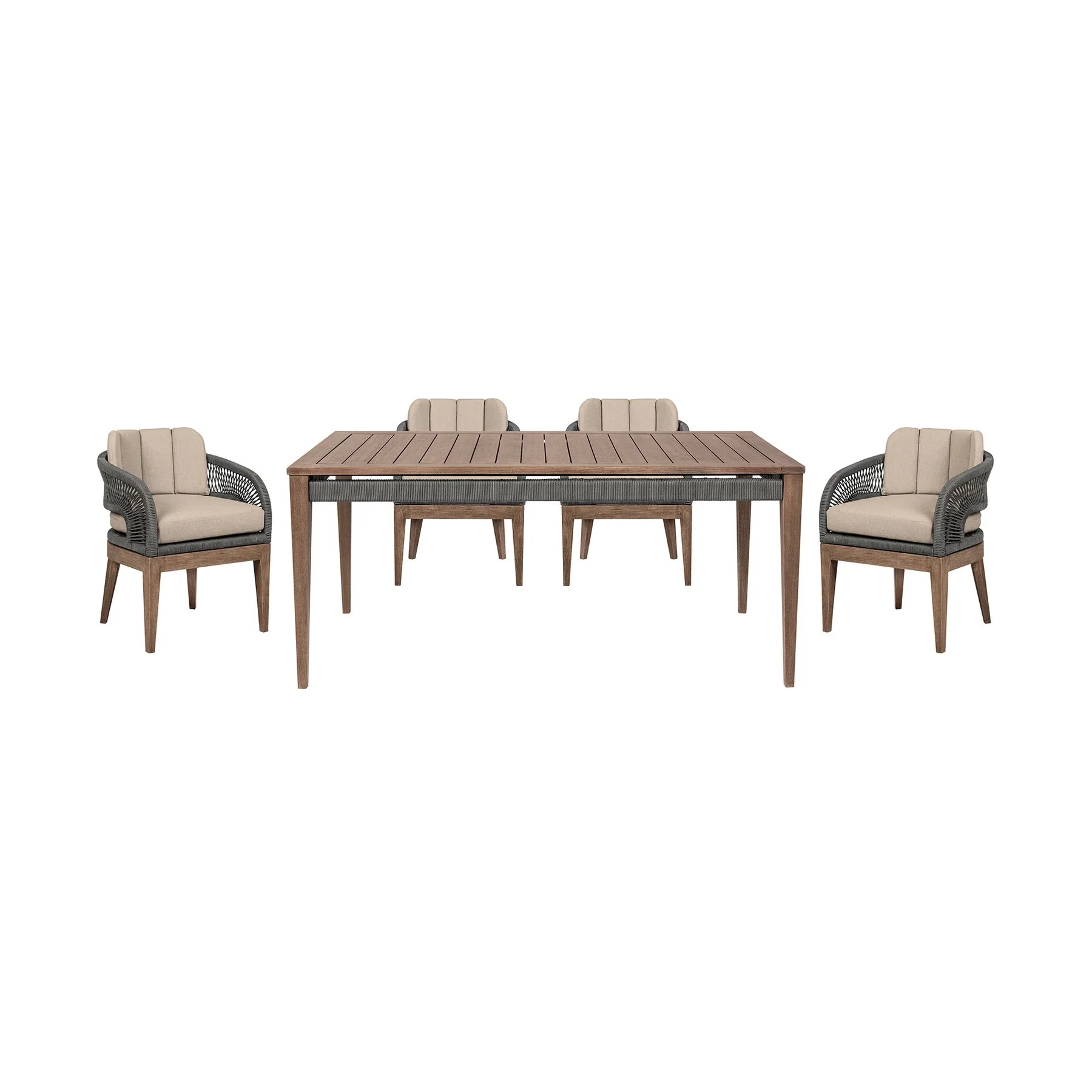Orbit Outdoor Patio 5 Piece Dining Set in Weathered Eucalyptus Wood with Gray Rope and Taupe Olefin Cushions - Image 2