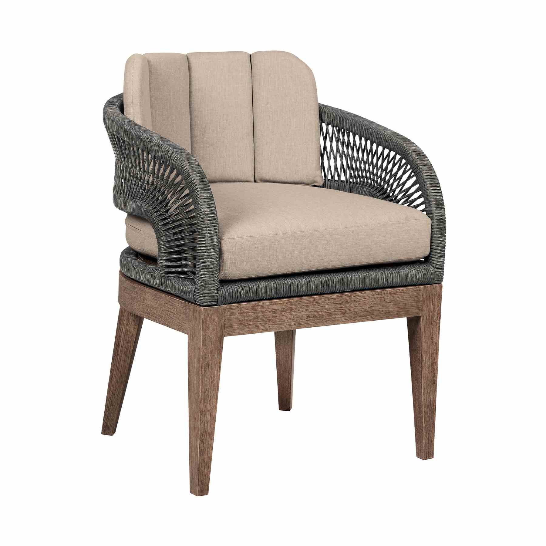 Orbit Outdoor Patio 5 Piece Dining Set in Weathered Eucalyptus Wood with Gray Rope and Taupe Olefin Cushions - Image 3