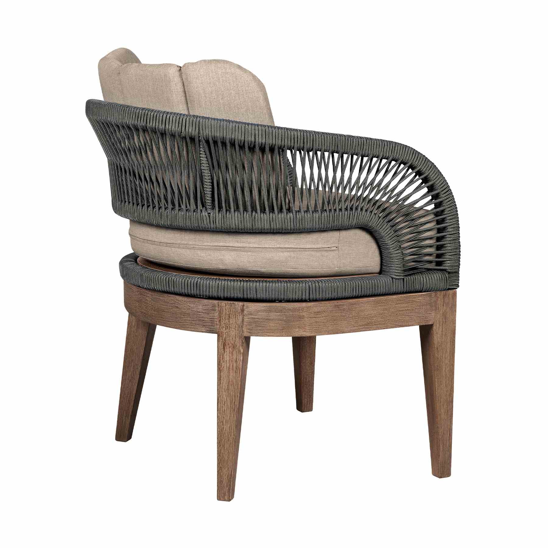 Orbit Outdoor Patio 5 Piece Dining Set in Weathered Eucalyptus Wood with Gray Rope and Taupe Olefin Cushions - Image 4