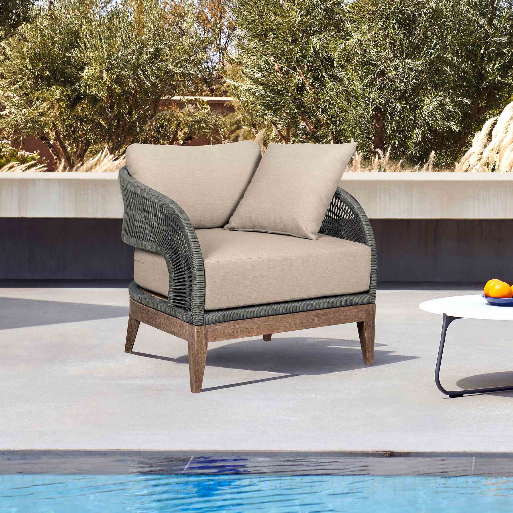 Orbit Outdoor Patio Chair in Weathered Eucalyptus Wood with Gray Rope and Taupe Olefin Cushions - Image 10