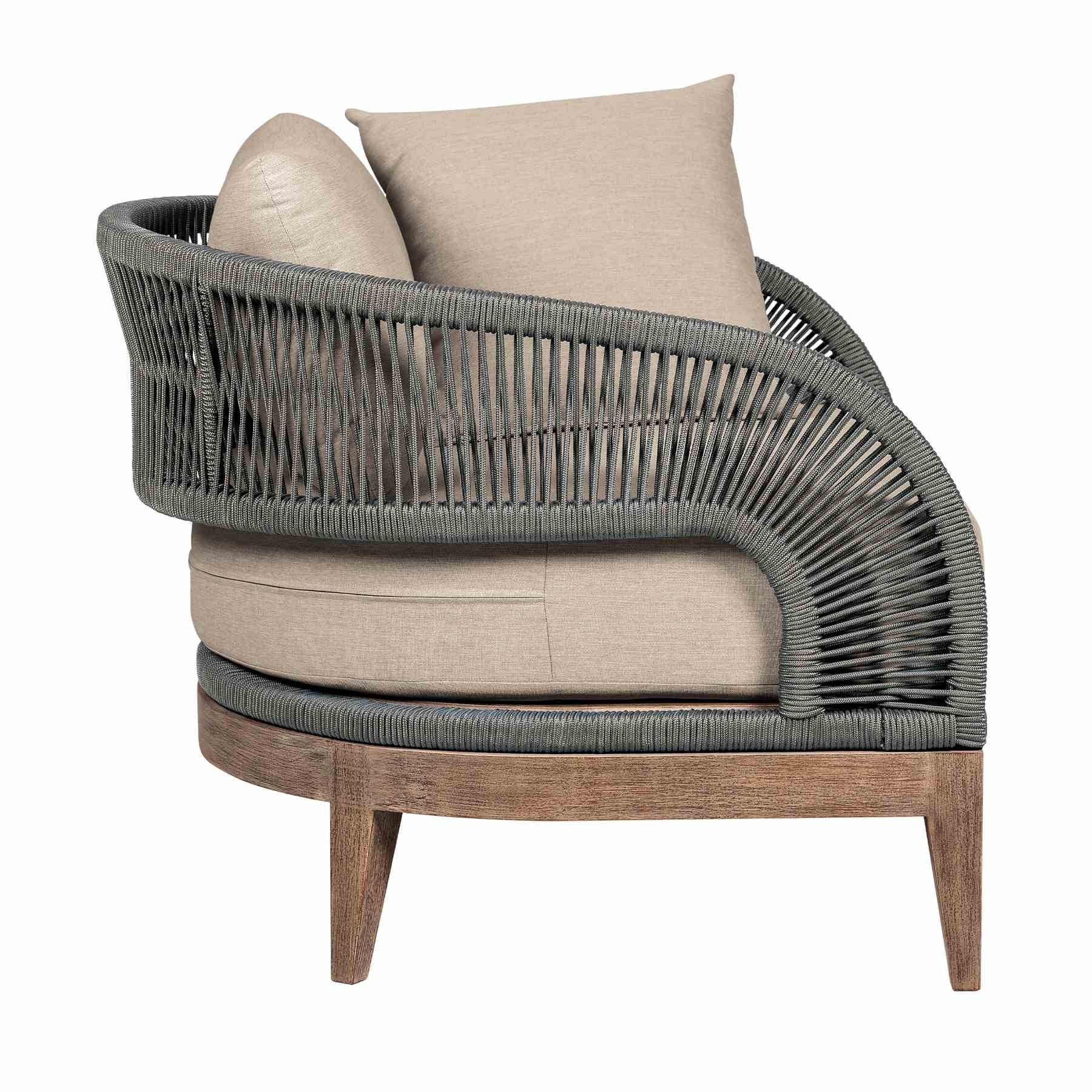 Orbit Outdoor Patio Chair in Weathered Eucalyptus Wood with Gray Rope and Taupe Olefin Cushions - Image 3