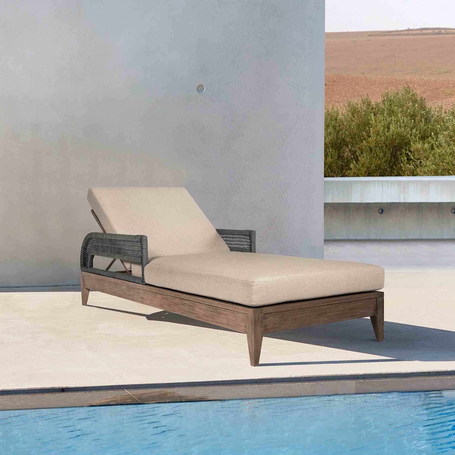 Orbit Outdoor Patio Chaise Lounge Chair in Weathered Eucalyptus Wood with Gray Rope and Taupe Olefin Cushions - Image 10