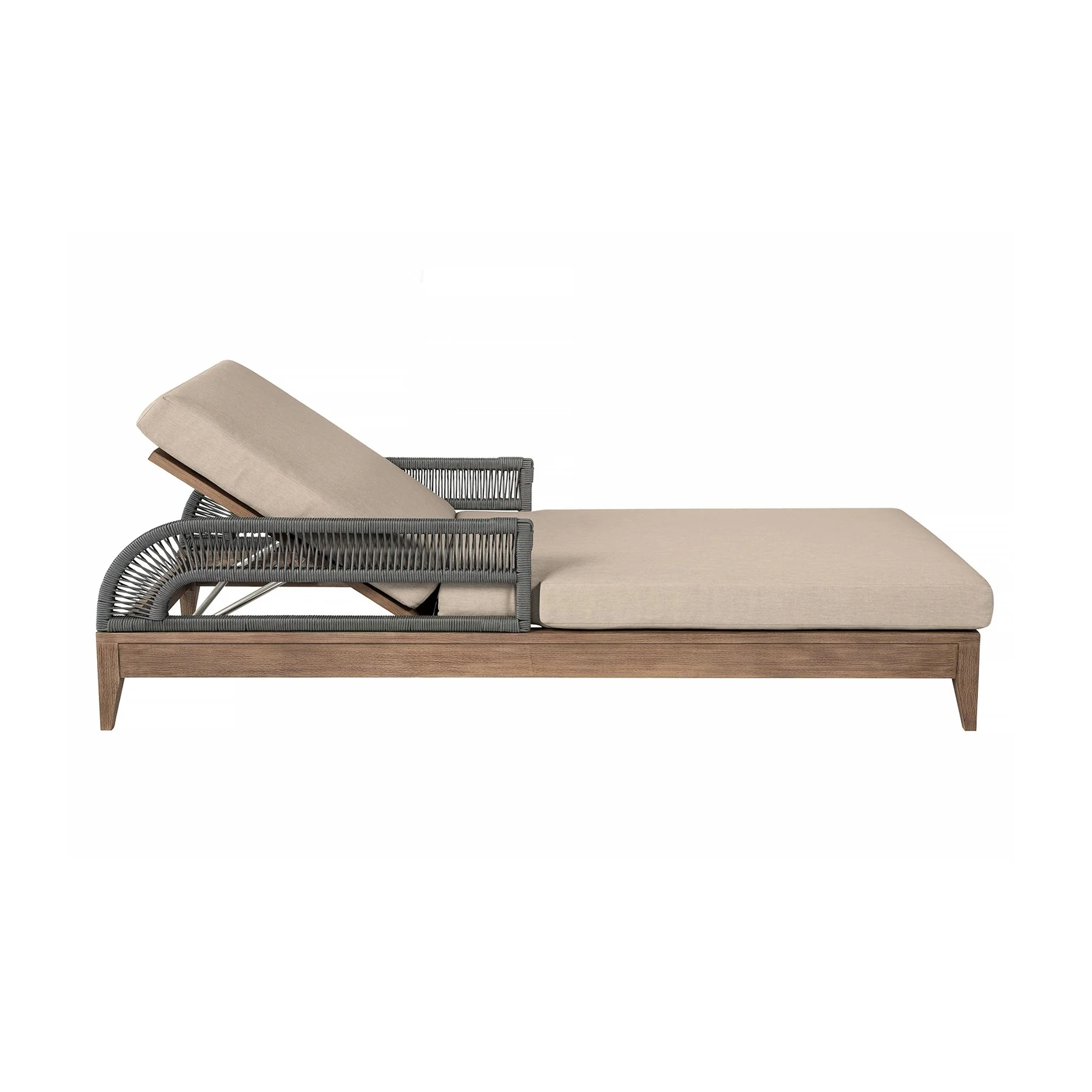 Orbit Outdoor Patio Chaise Lounge Chair in Weathered Eucalyptus Wood with Gray Rope and Taupe Olefin Cushions - Image 3
