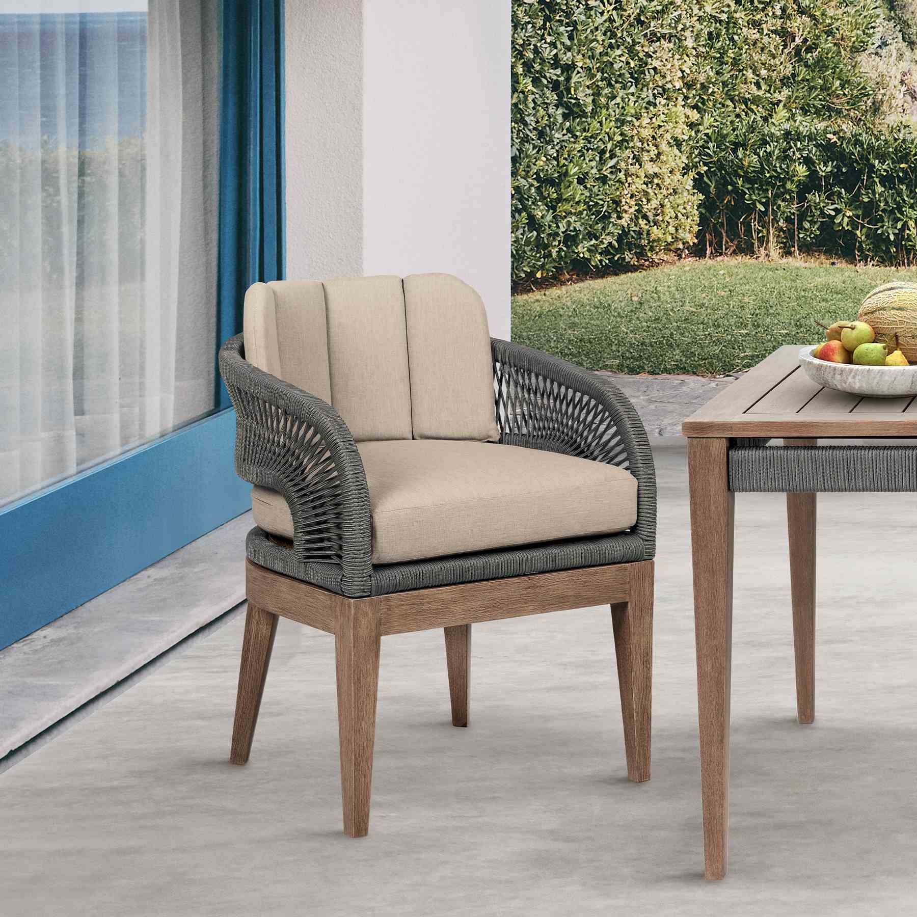 Orbit Outdoor Patio Dining Chair in Weathered Eucalyptus Wood with Gray Rope and Taupe Olefin Cushions - Image 10