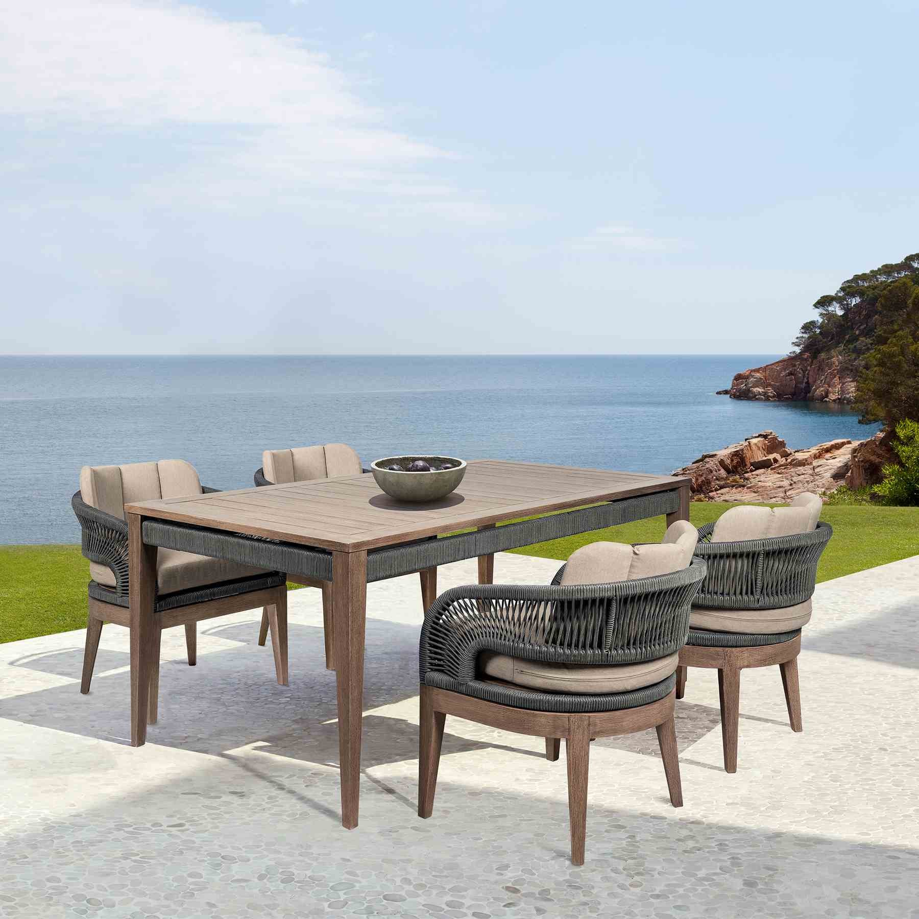 Orbit Outdoor Patio Dining Chair in Weathered Eucalyptus Wood with Gray Rope and Taupe Olefin Cushions - Image 11