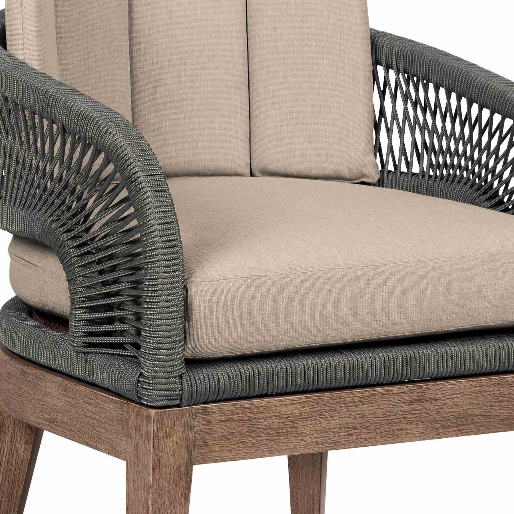 Orbit Outdoor Patio Dining Chair in Weathered Eucalyptus Wood with Gray Rope and Taupe Olefin Cushions - Image 5