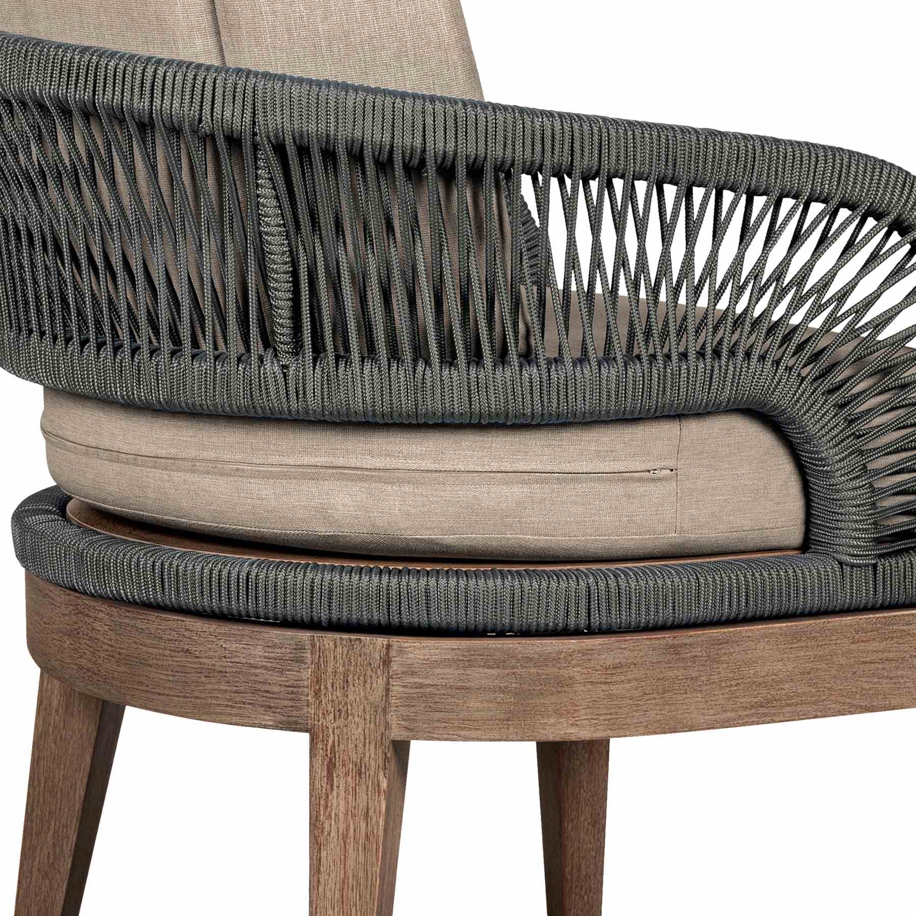 Orbit Outdoor Patio Dining Chair in Weathered Eucalyptus Wood with Gray Rope and Taupe Olefin Cushions - Image 6