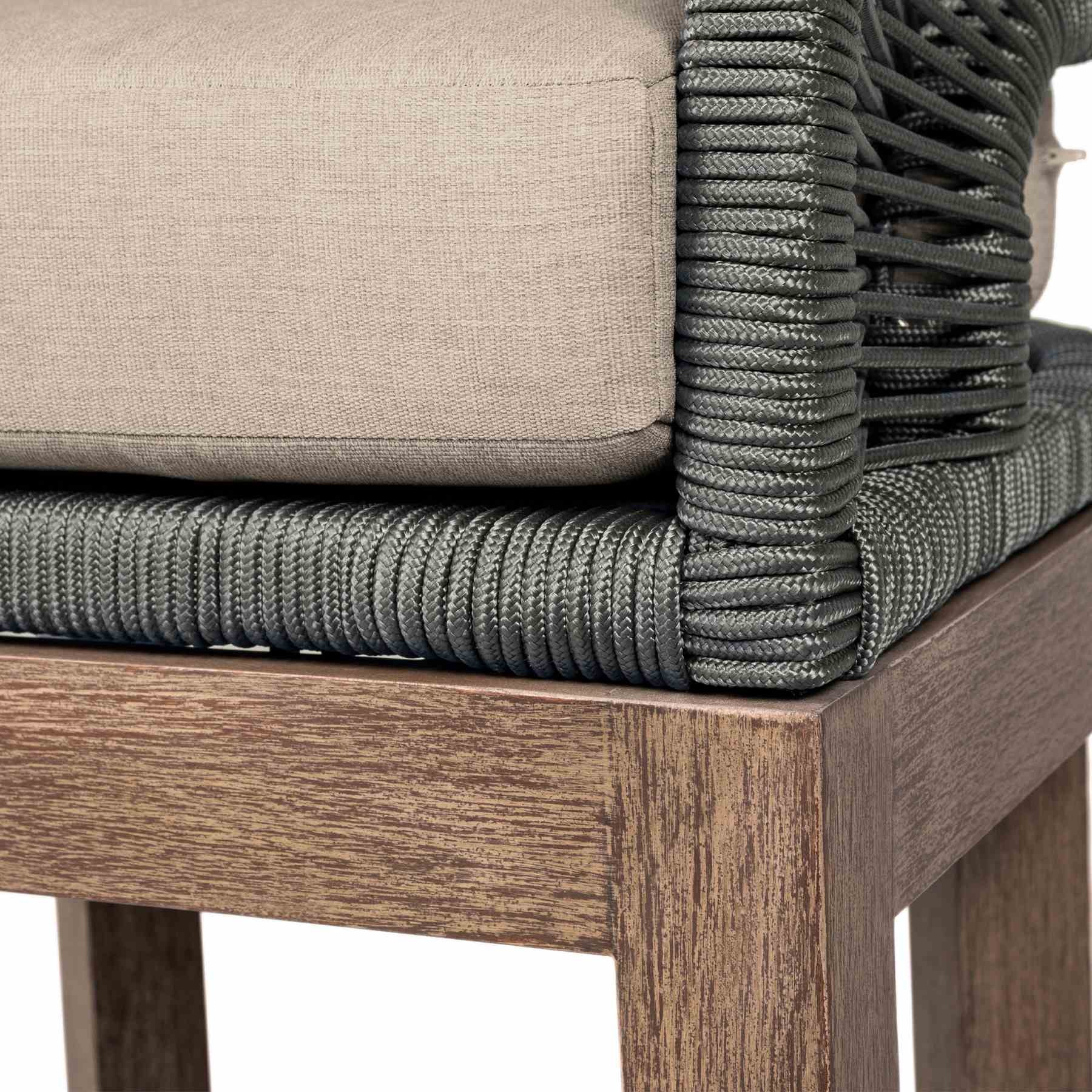 Orbit Outdoor Patio Dining Chair in Weathered Eucalyptus Wood with Gray Rope and Taupe Olefin Cushions - Image 7