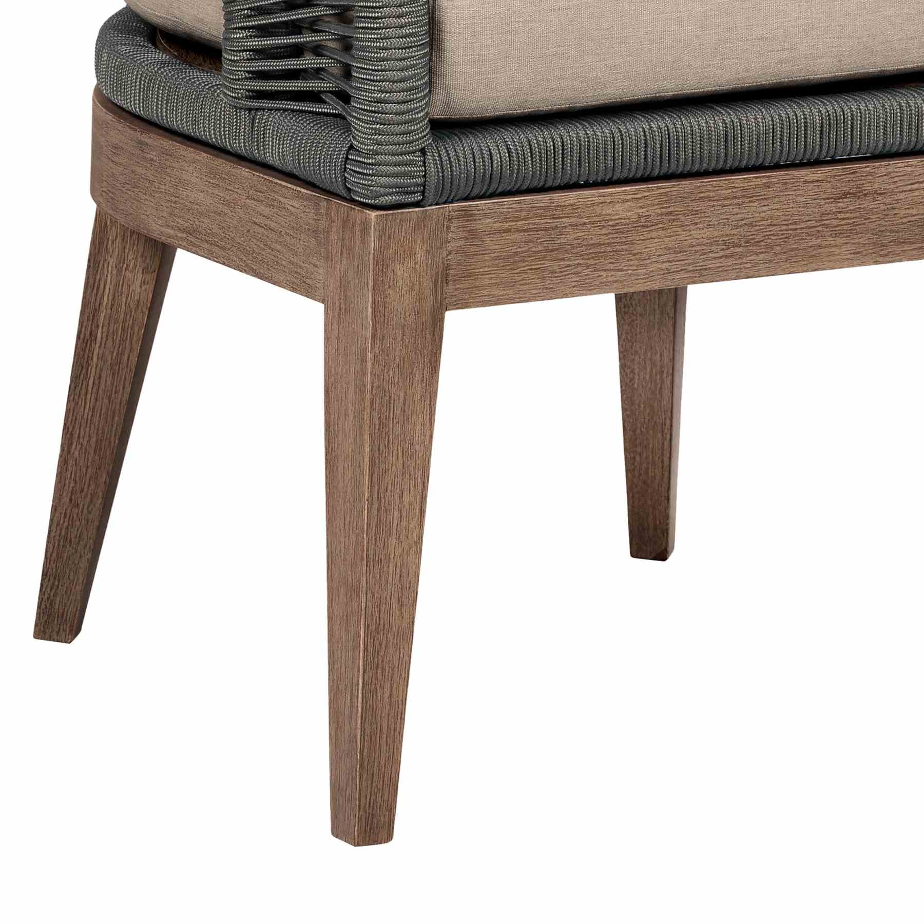 Orbit Outdoor Patio Dining Chair in Weathered Eucalyptus Wood with Gray Rope and Taupe Olefin Cushions - Image 8