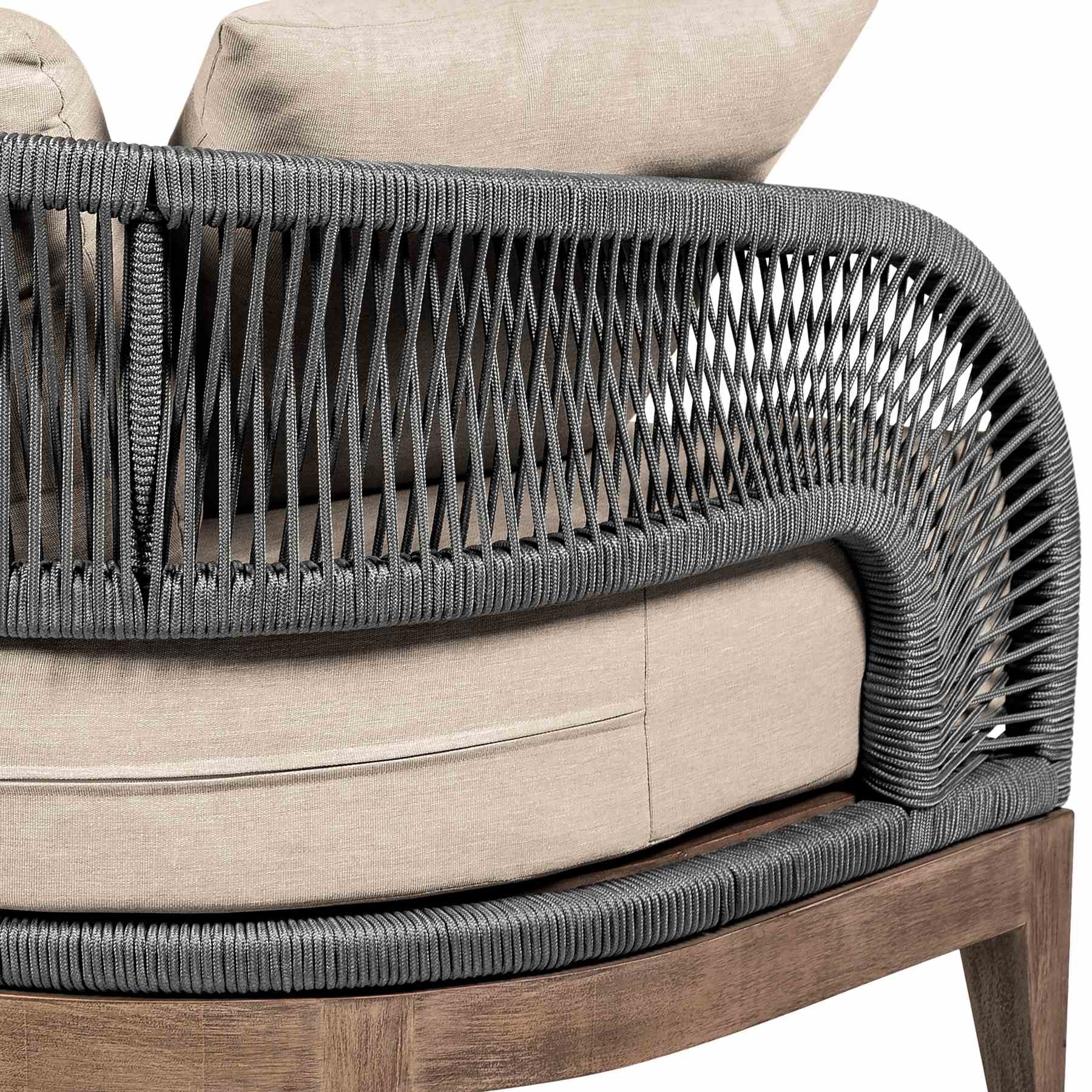 Orbit Outdoor Patio Sofa in Weathered Eucalyptus Wood with Gray Rope and Taupe Olefin Cushions - Image 6