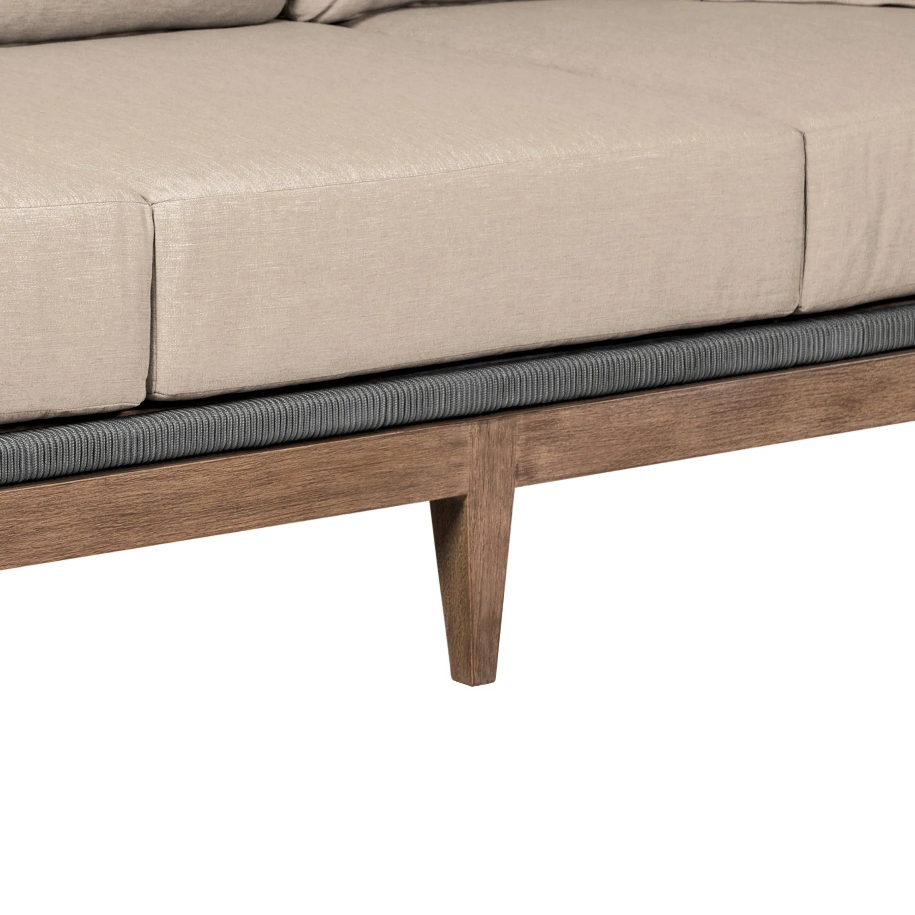 Orbit Outdoor Patio Sofa in Weathered Eucalyptus Wood with Gray Rope and Taupe Olefin Cushions - Image 7