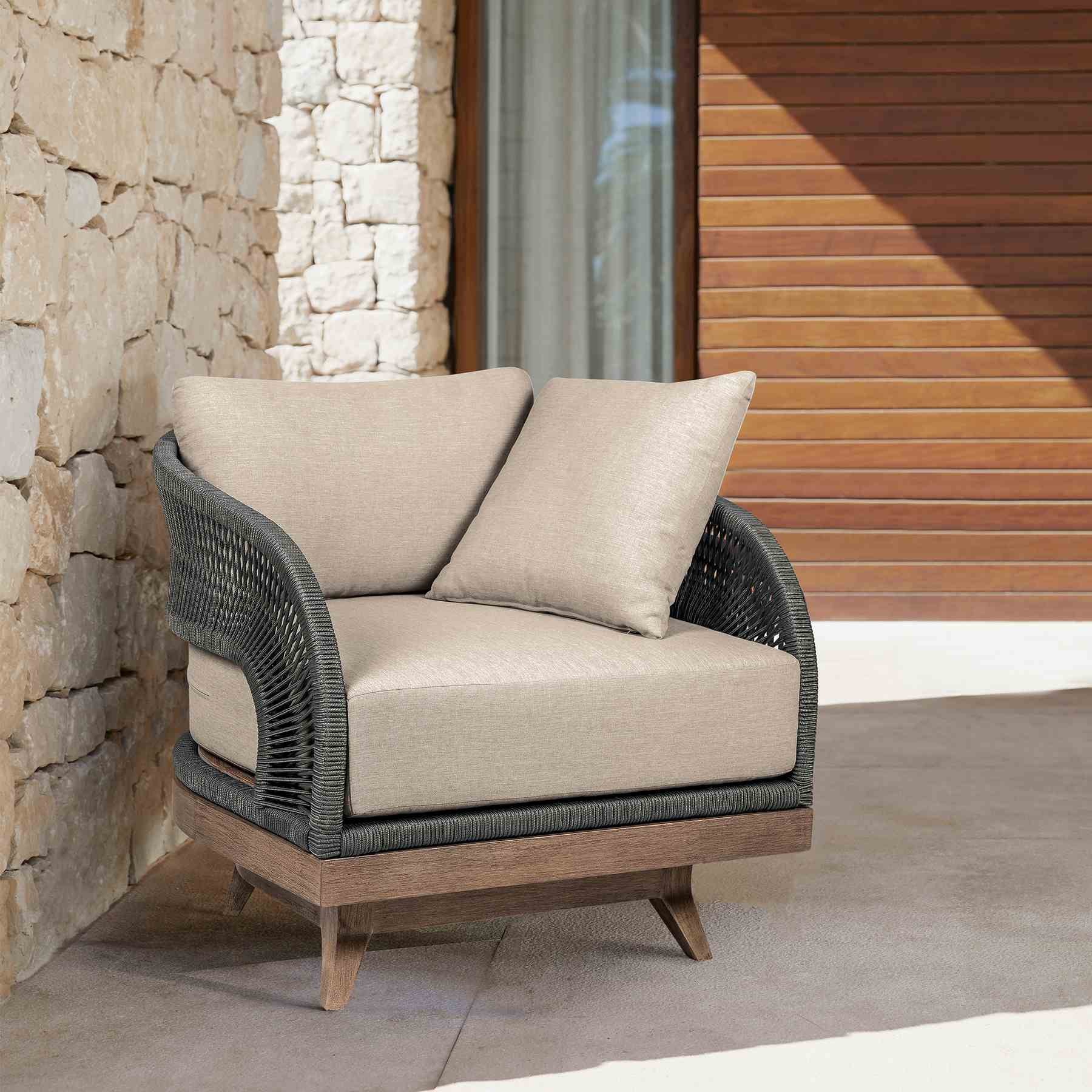 Orbit Swivel Outdoor Patio Chair in Weathered Eucalyptus Wood with Gray Rope and Taupe Olefin Cushions - Image 10