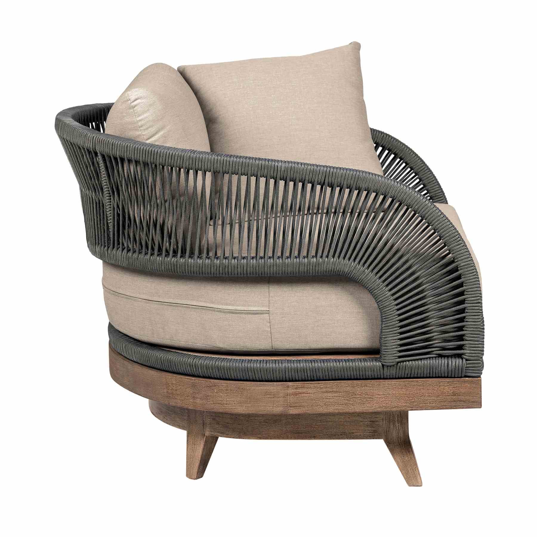 Orbit Swivel Outdoor Patio Chair in Weathered Eucalyptus Wood with Gray Rope and Taupe Olefin Cushions - Image 3