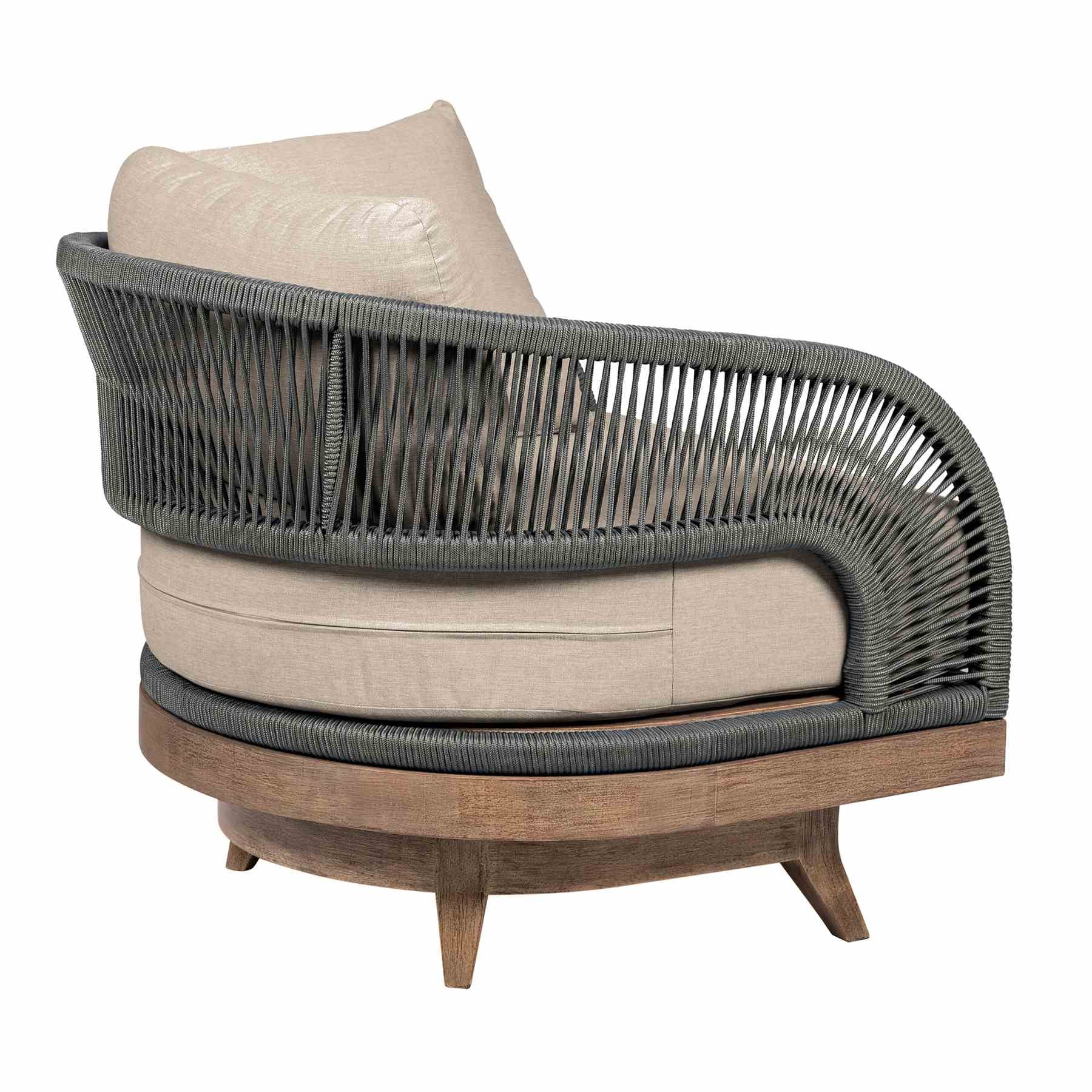 Orbit Swivel Outdoor Patio Chair in Weathered Eucalyptus Wood with Gray Rope and Taupe Olefin Cushions - Image 4