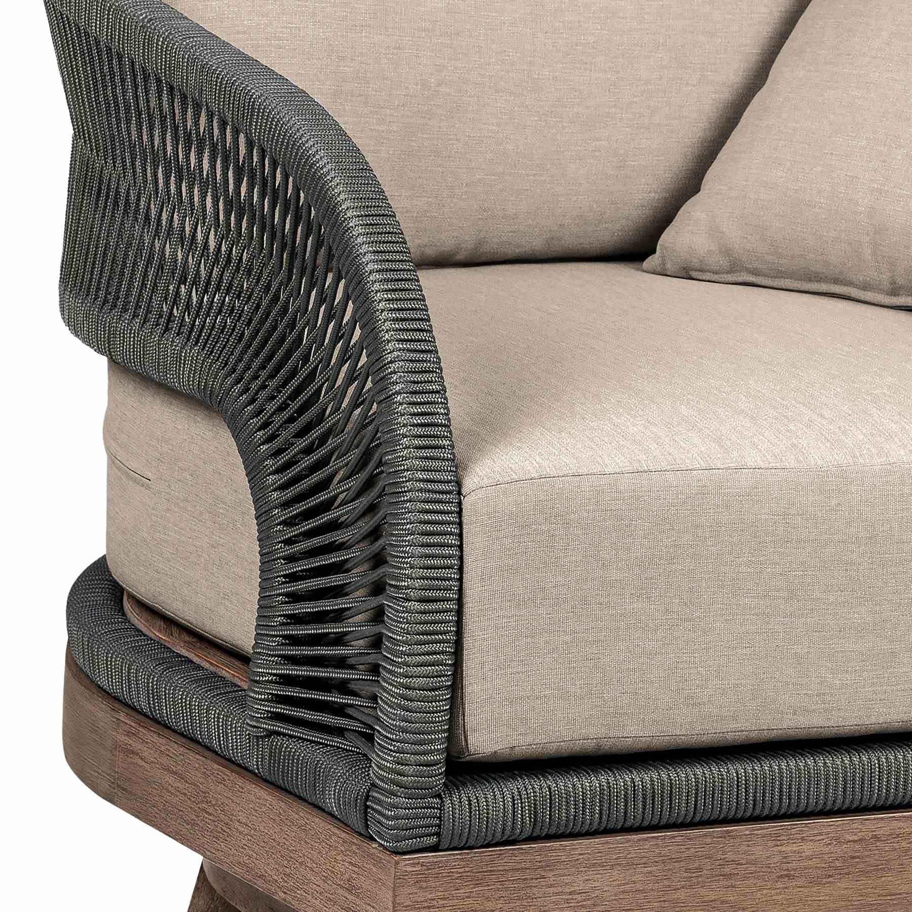 Orbit Swivel Outdoor Patio Chair in Weathered Eucalyptus Wood with Gray Rope and Taupe Olefin Cushions - Image 5