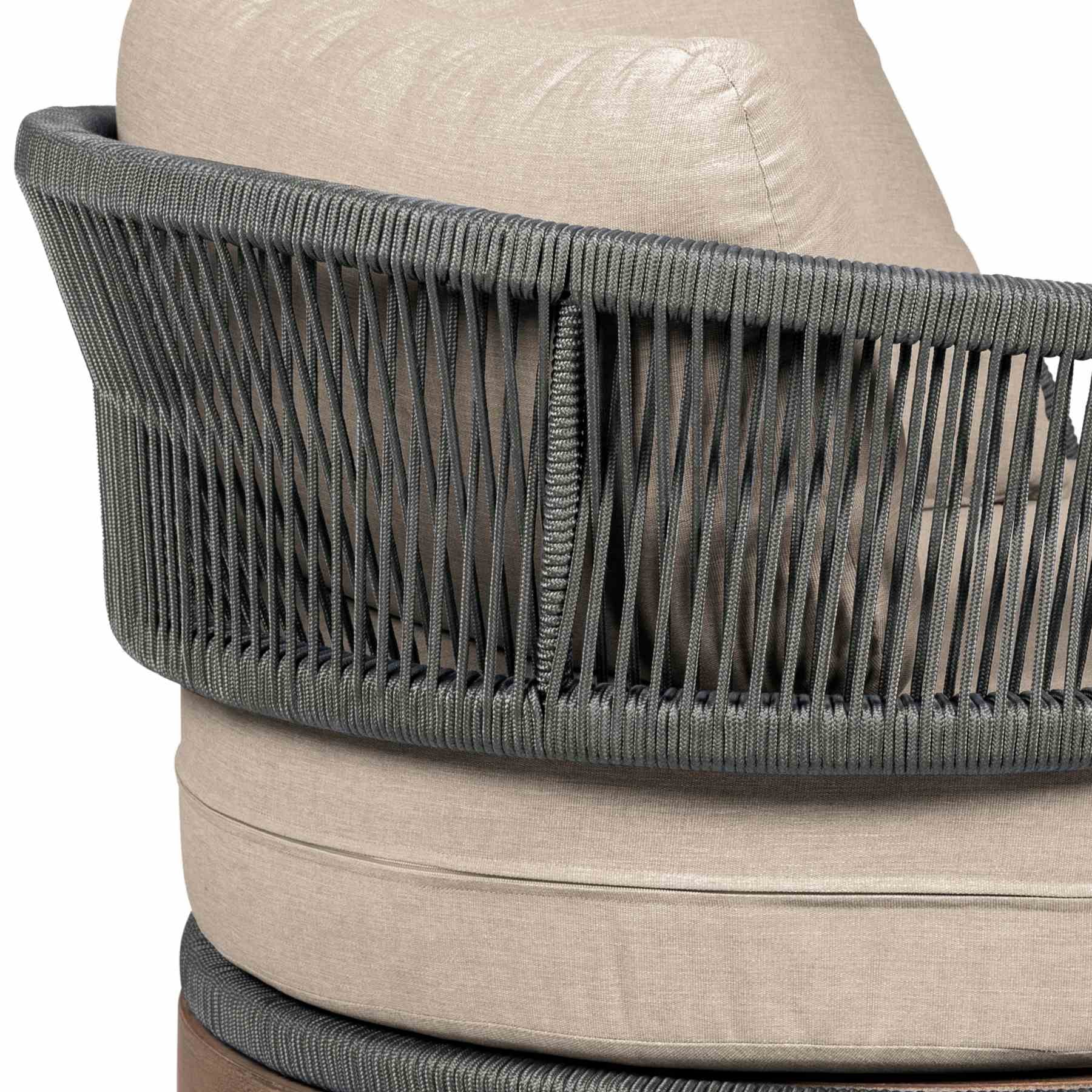 Orbit Swivel Outdoor Patio Chair in Weathered Eucalyptus Wood with Gray Rope and Taupe Olefin Cushions - Image 6
