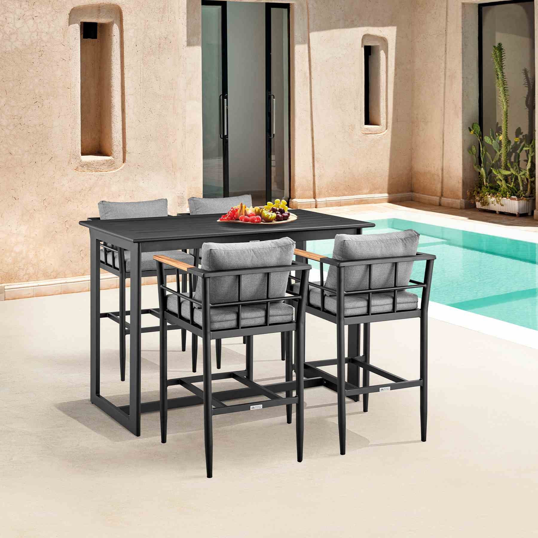 Orlando Outdoor Patio 5-Piece Bar Table Set in Aluminum with Gray Cushions - Image 12