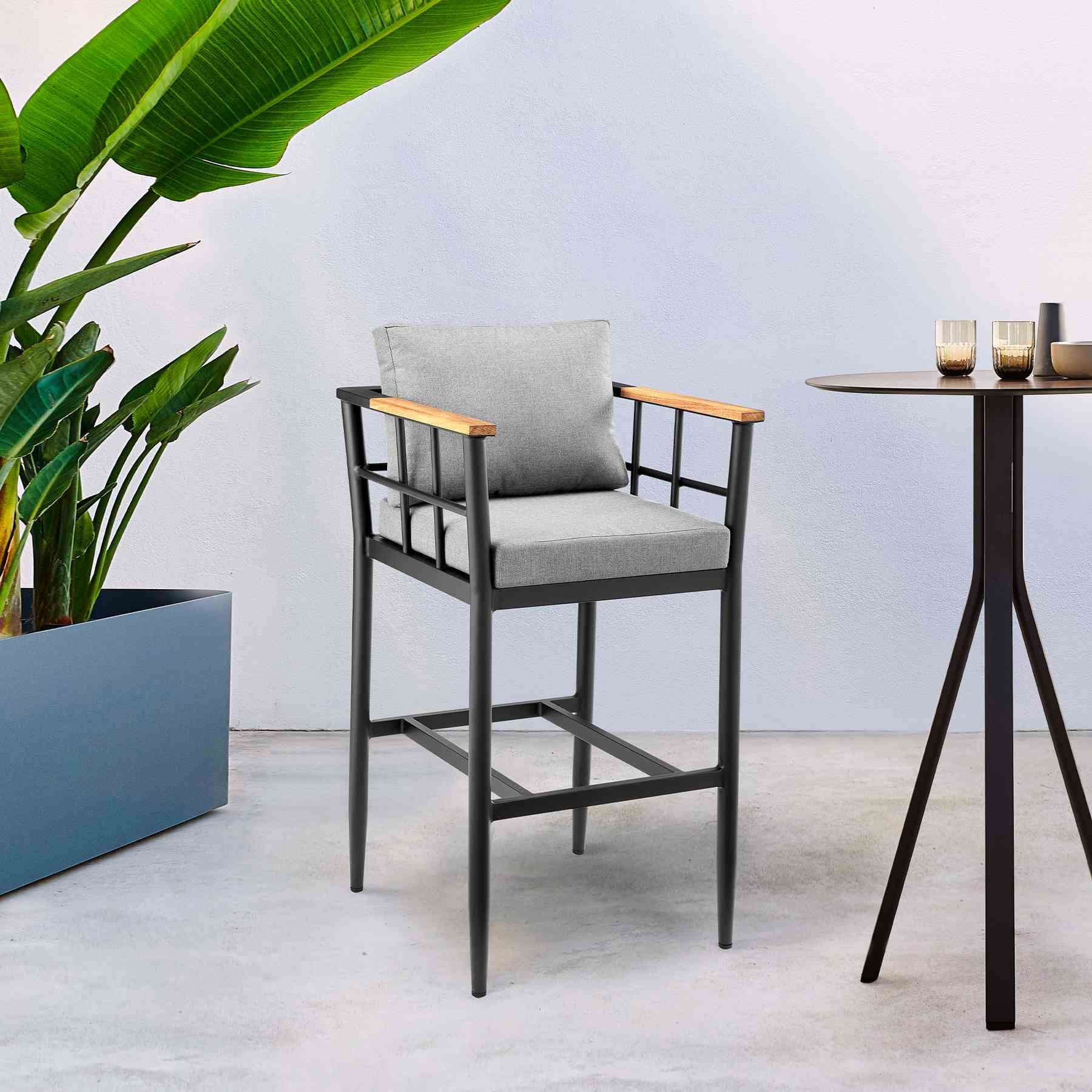 Orlando Outdoor Patio Bar Stool in Aluminum and Teak with Gray Cushions - Image 10