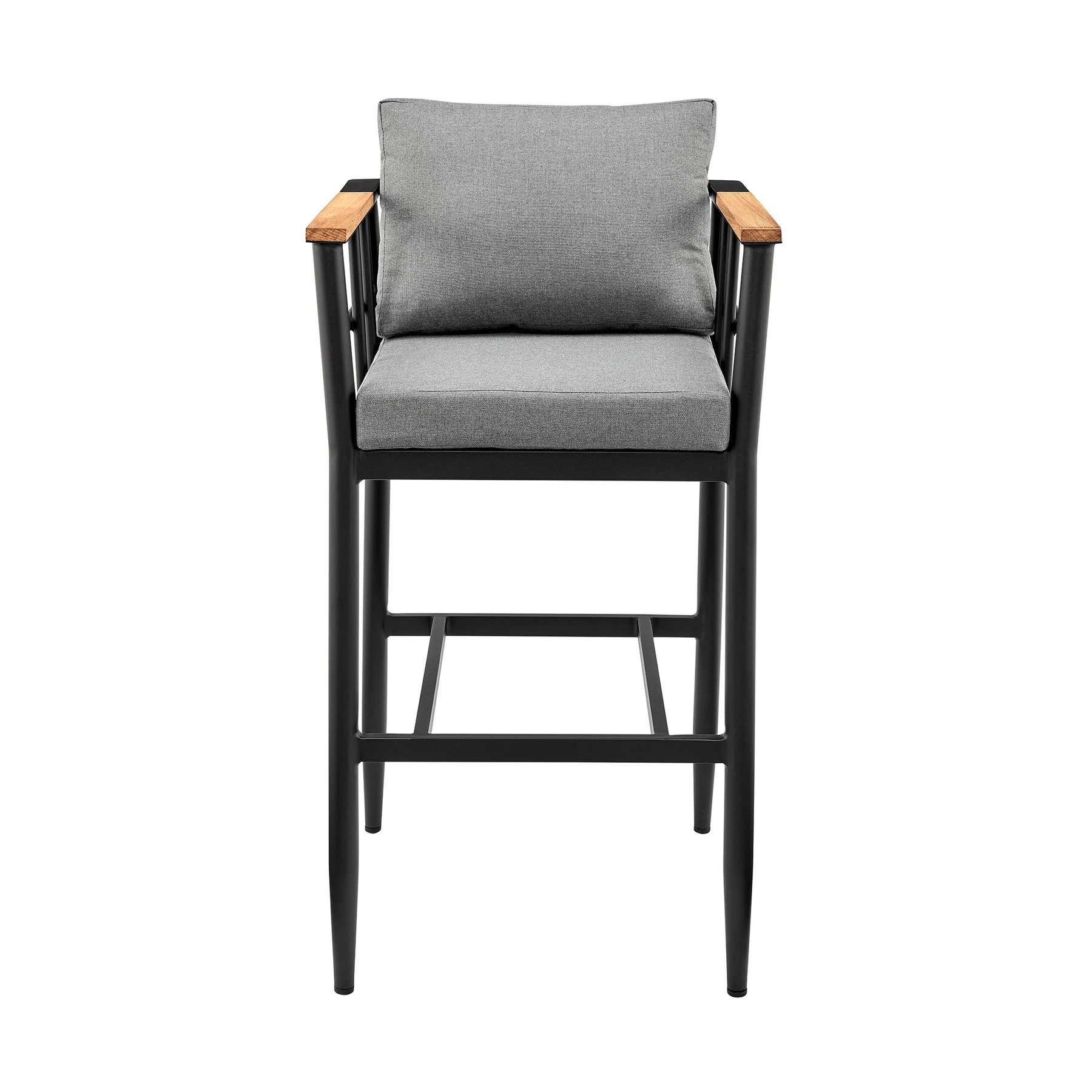 Orlando Outdoor Patio Bar Stool in Aluminum and Teak with Gray Cushions - Image 2