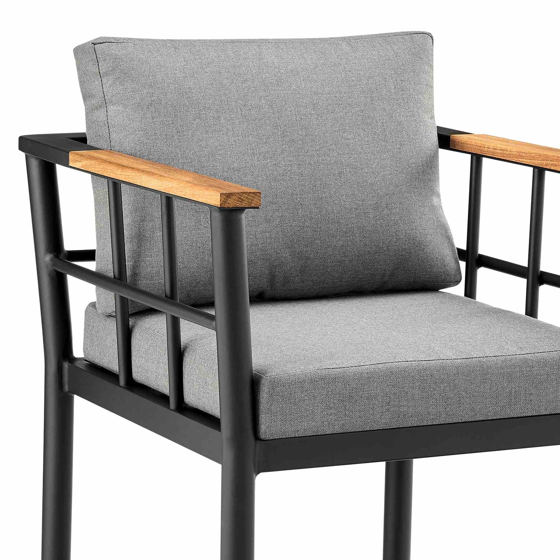 Orlando Outdoor Patio Bar Stool in Aluminum and Teak with Gray Cushions - Image 6