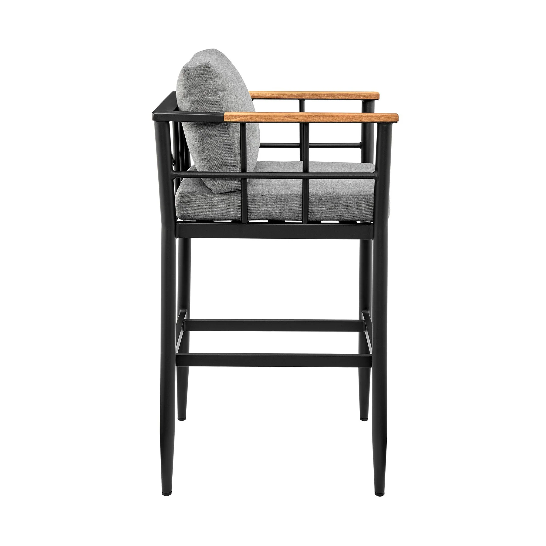 Orlando Outdoor Patio Counter Height Bar Stool in Aluminum and Teak with Gray Cushions - Image 3