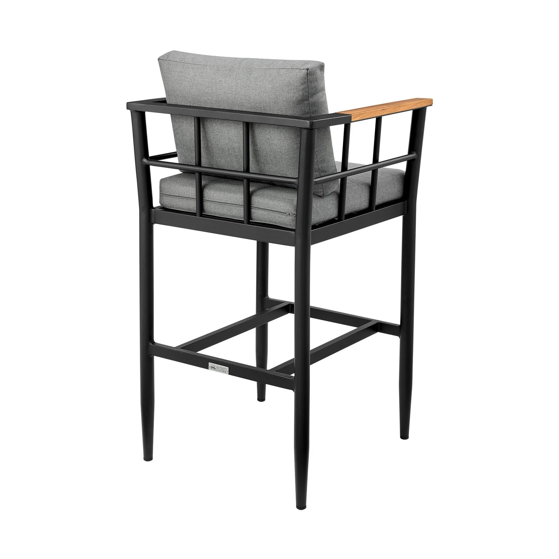 Orlando Outdoor Patio Counter Height Bar Stool in Aluminum and Teak with Gray Cushions - Image 4