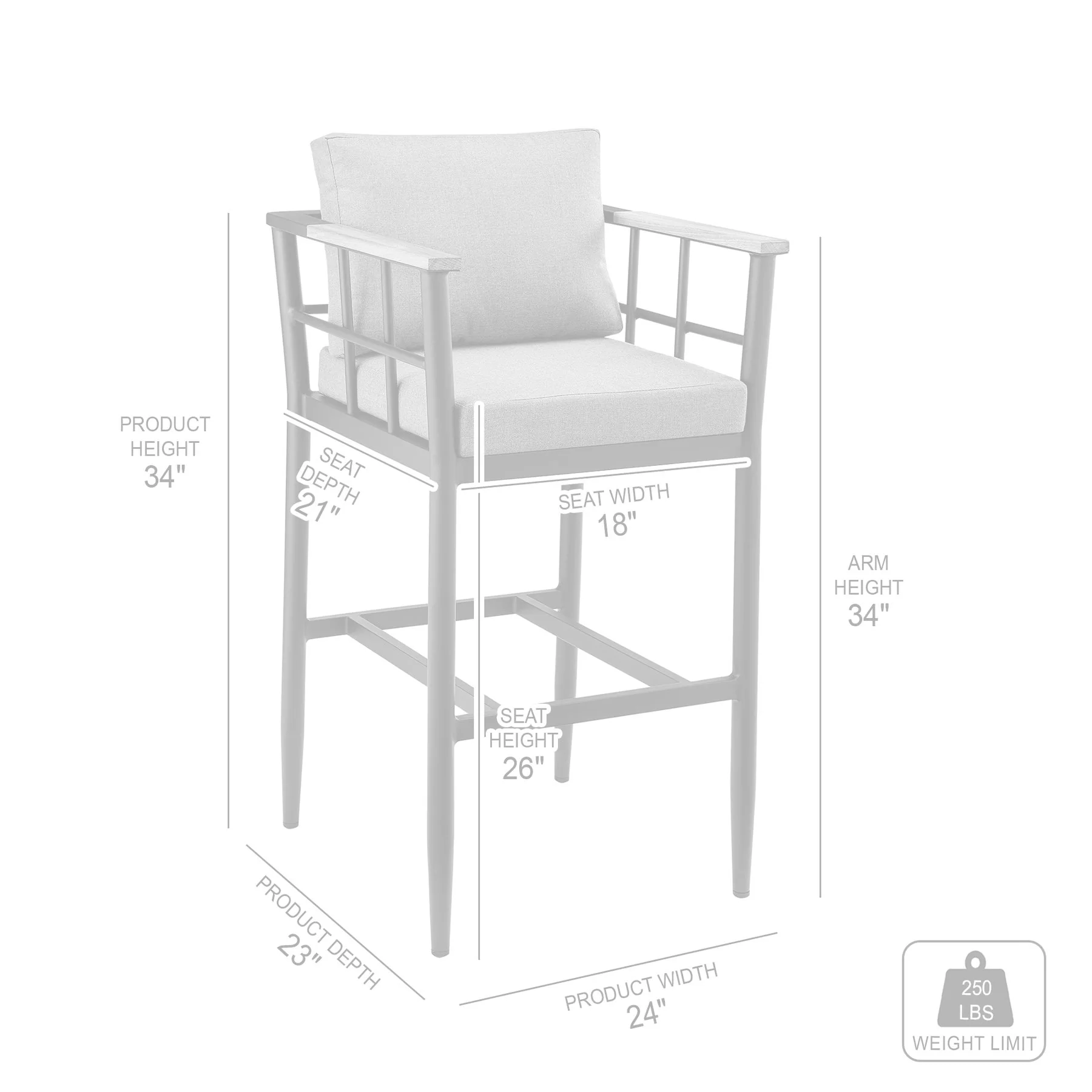 Orlando Outdoor Patio Counter Height Bar Stool in Aluminum and Teak with Gray Cushions - Image 9