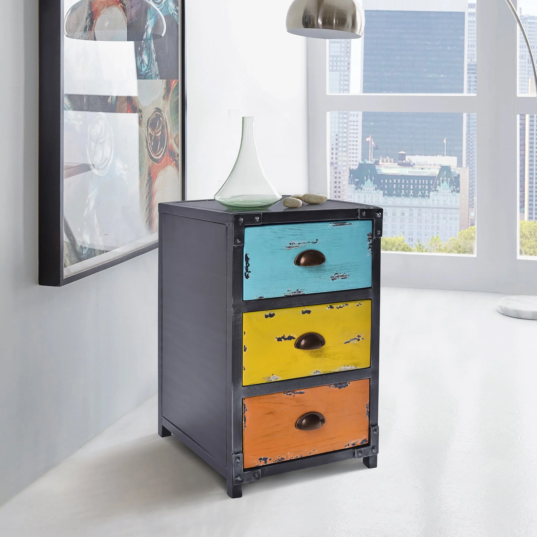 Oskar Industrial 3-Drawer End Table in Industrial Gray and Pine Wood - Image 7