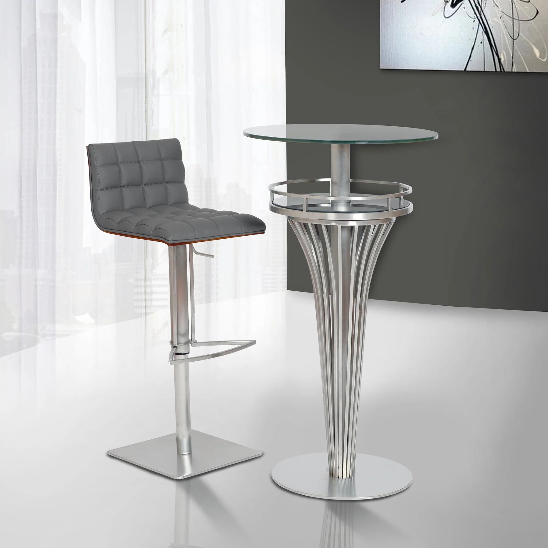 Oslo Adjustable Brushed Stainless Steel Barstool in Gray Faux Leather with Walnut Back - Image 6