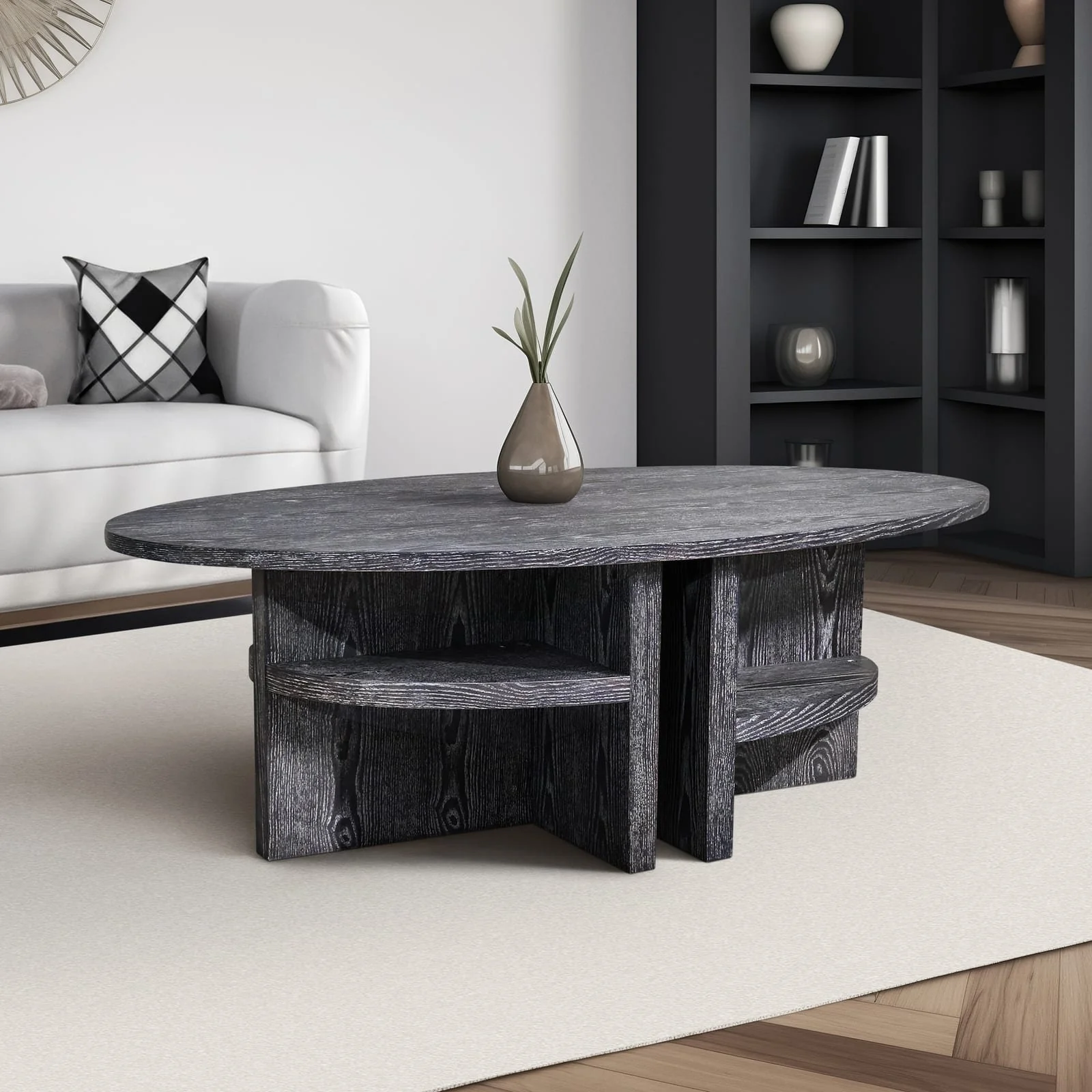 Oval Coffee Table With Bottom Shelves, Gray - Image 10