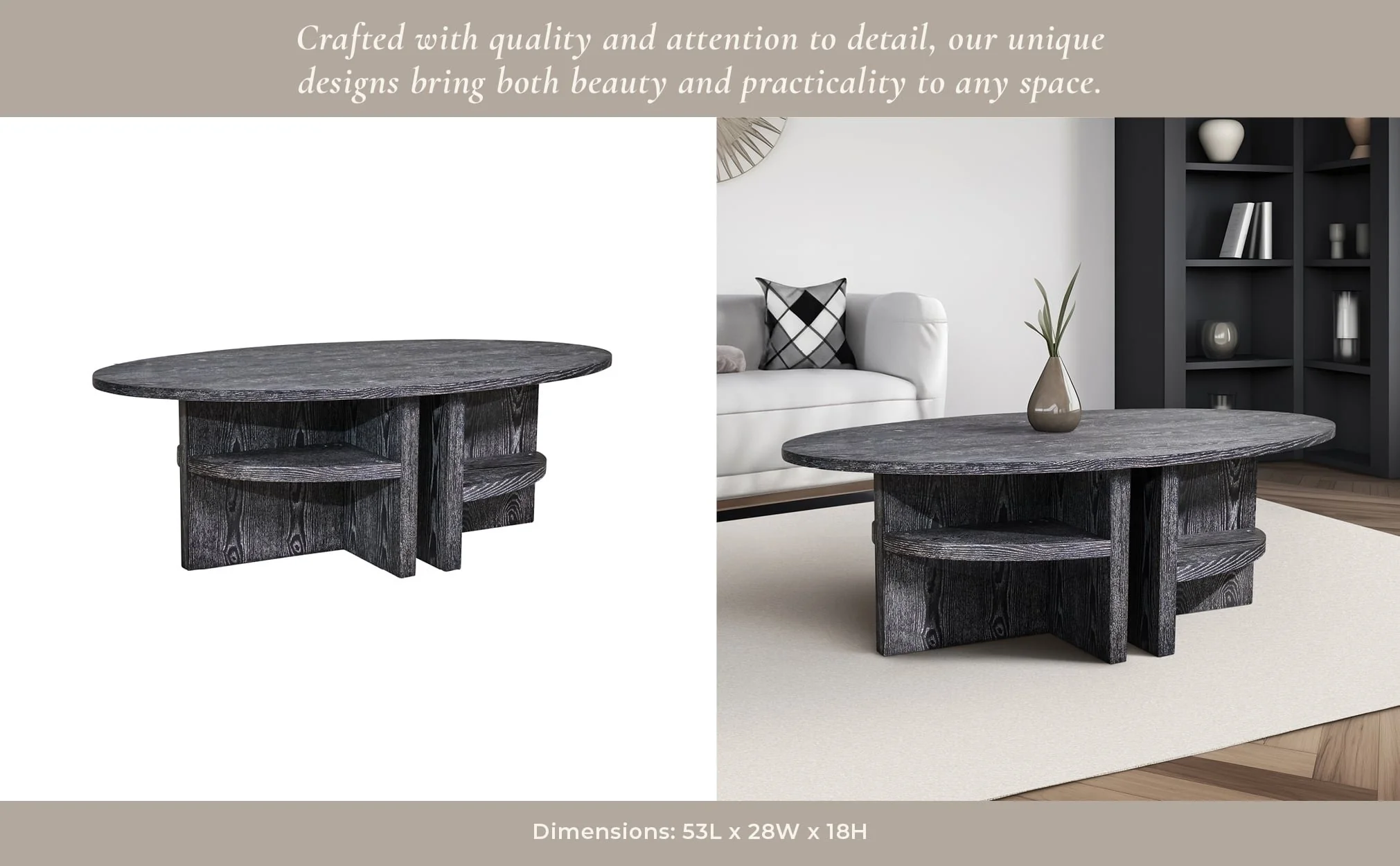 Oval Coffee Table With Bottom Shelves, Gray - Image 11