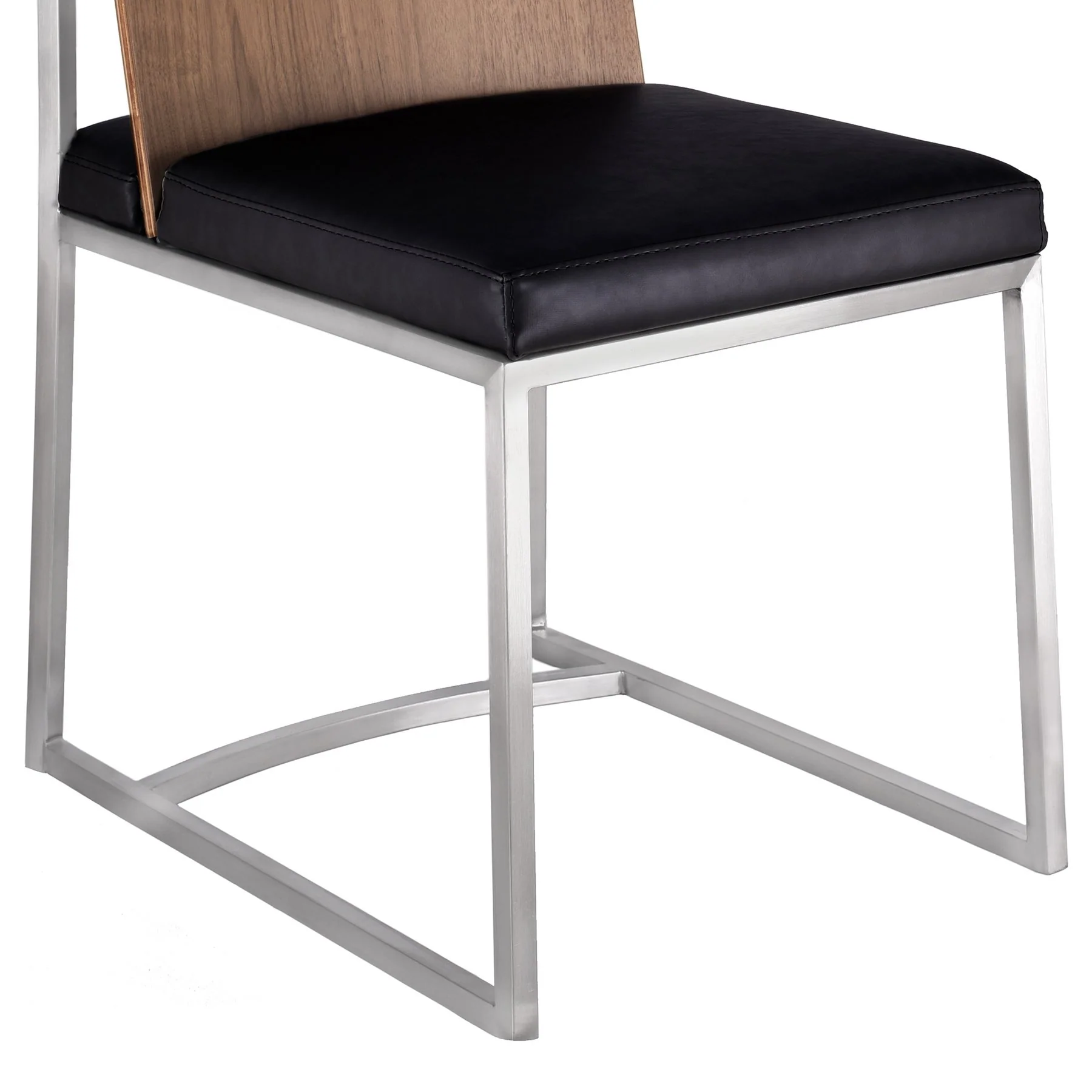 Oxford Dining Chair in Brushed Stainless Steel with Vintage Black Faux Leather and Walnut Wood Back (Set of 2) - Image 6
