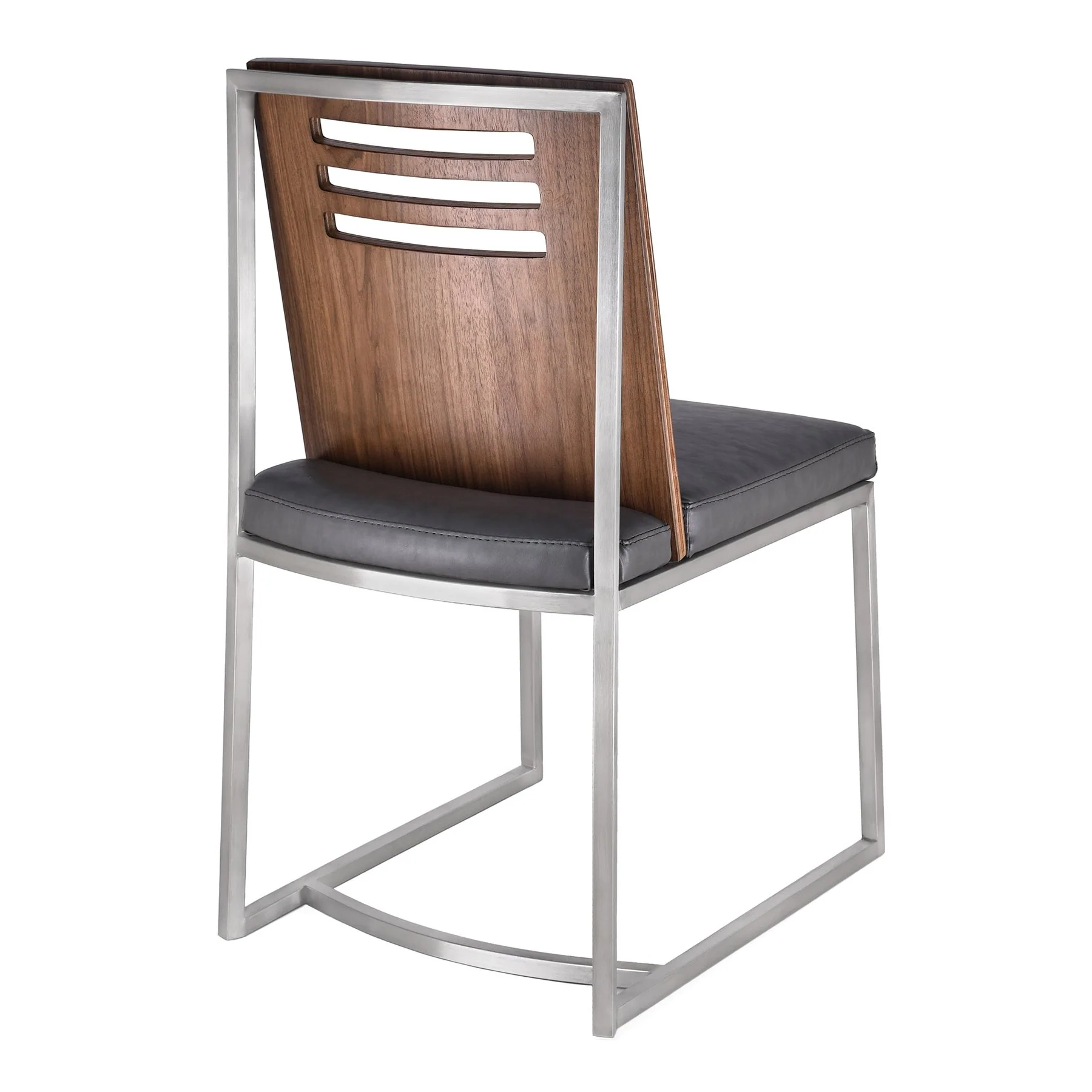 Oxford Dining Chair in Brushed Stainless Steel with Vintage Gray Faux Leather and Walnut Wood Back (Set of 2) - Image 3