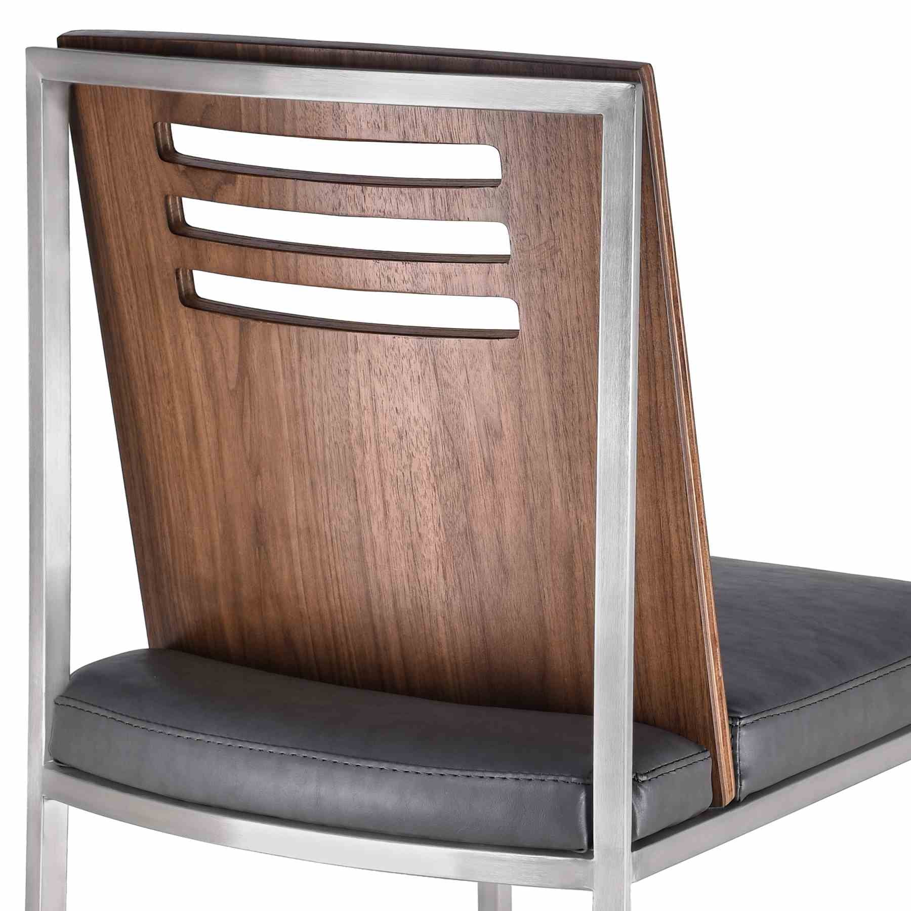 Oxford Dining Chair in Brushed Stainless Steel with Vintage Gray Faux Leather and Walnut Wood Back (Set of 2) - Image 5