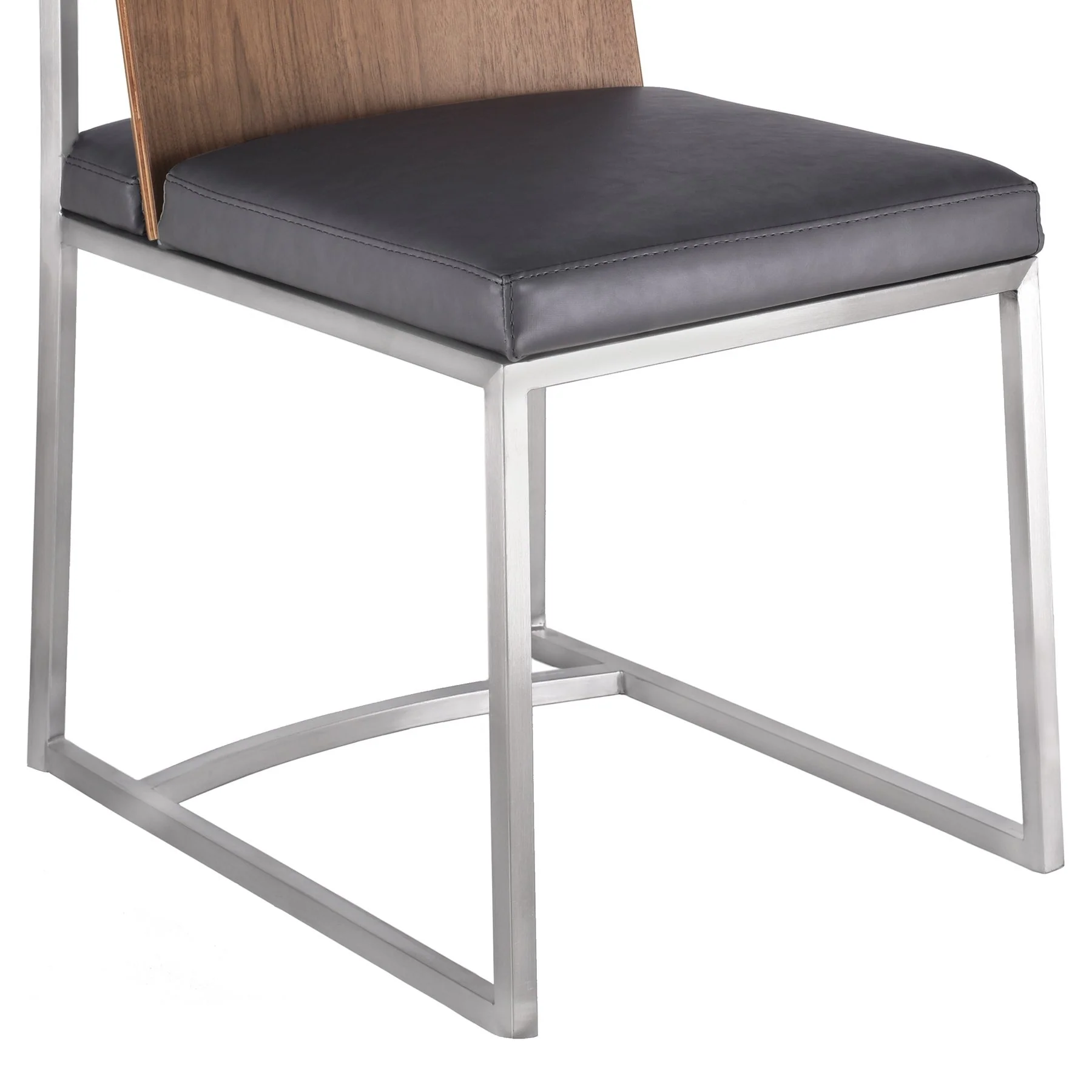Oxford Dining Chair in Brushed Stainless Steel with Vintage Gray Faux Leather and Walnut Wood Back (Set of 2) - Image 6