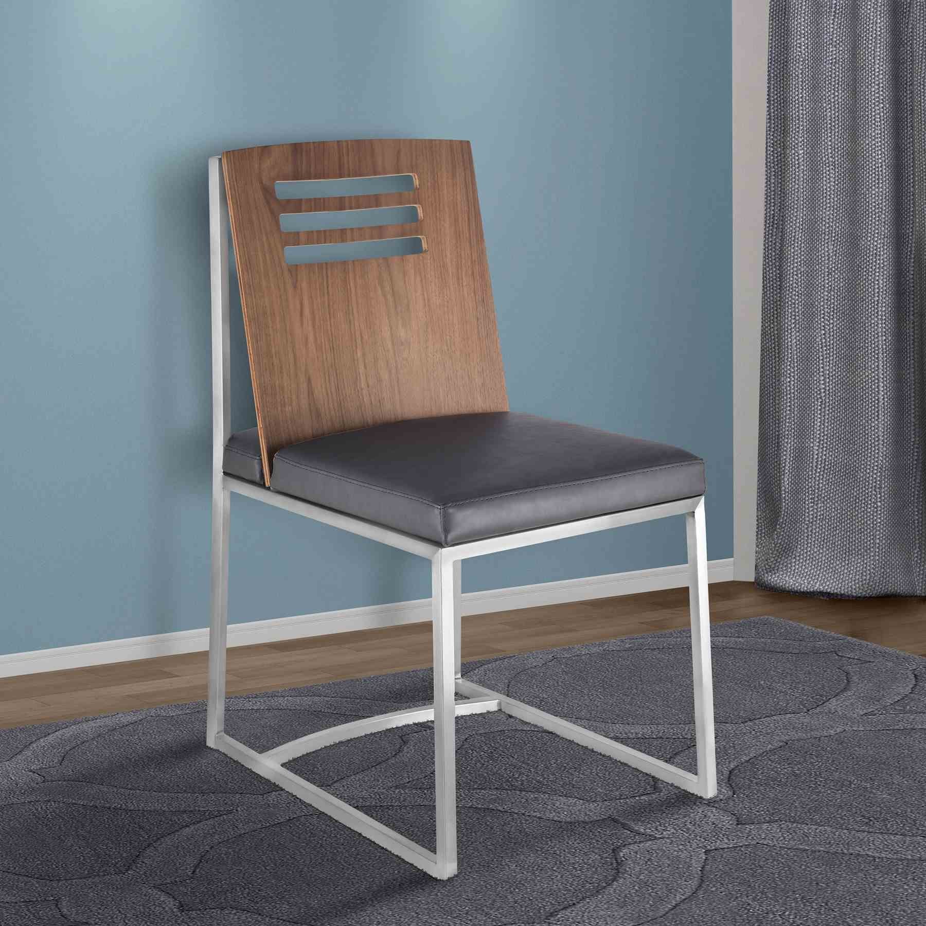 Oxford Dining Chair in Brushed Stainless Steel with Vintage Gray Faux Leather and Walnut Wood Back (Set of 2) - Image 7