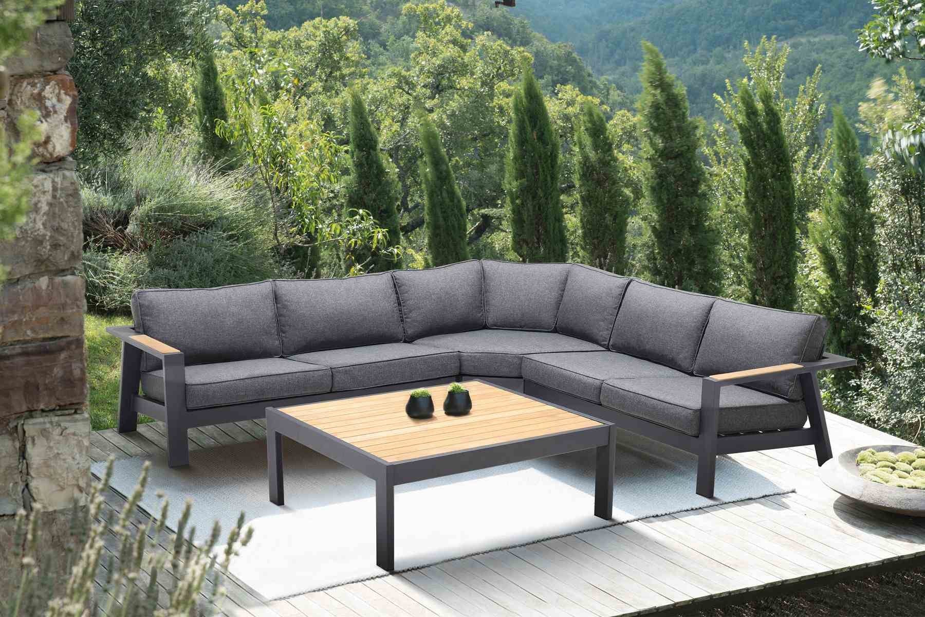 Palau 4 Piece Outdoor Sectional Set with Cushions in Dark Gray and Natural Teak Wood Accent - Image 8