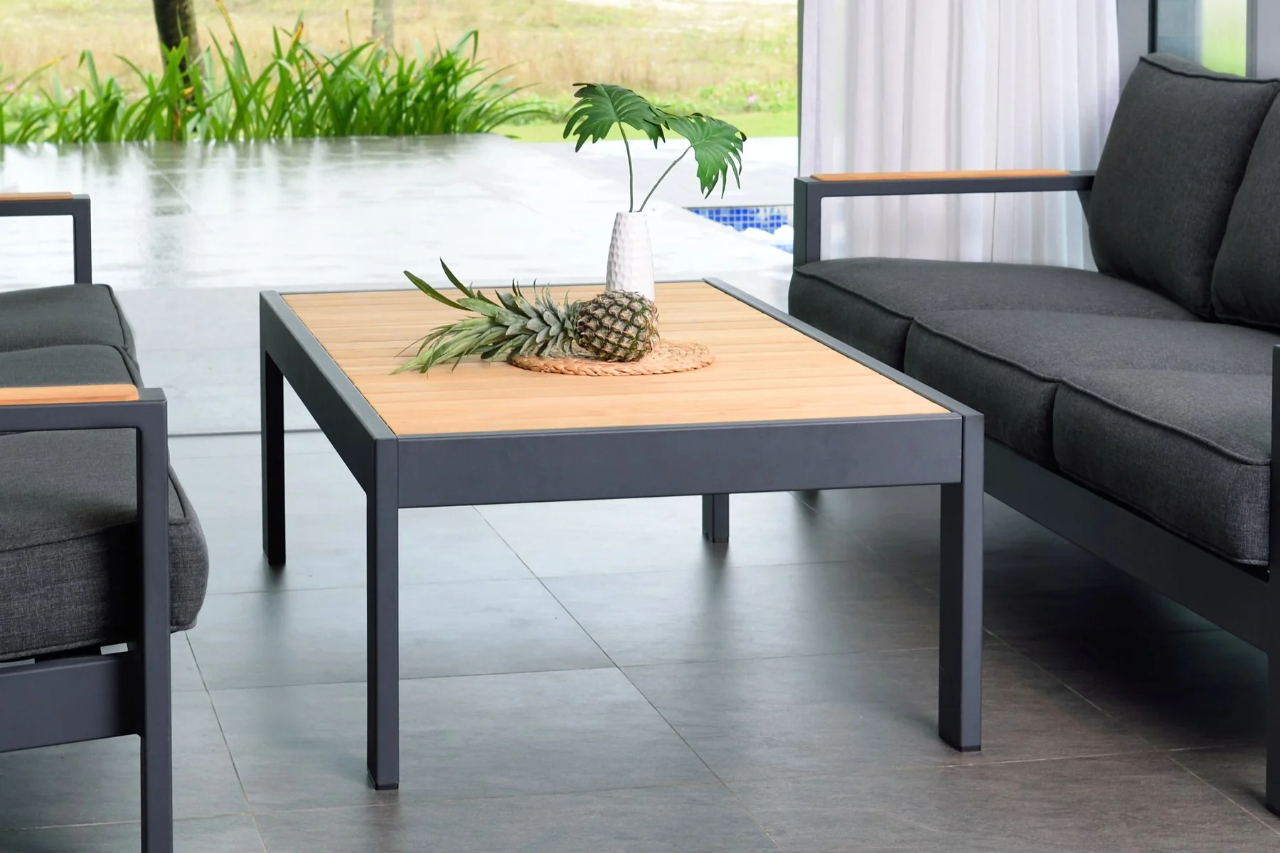Palau Outdoor Coffee Table in Dark Gray with Natural Teak Wood Top - Image 6