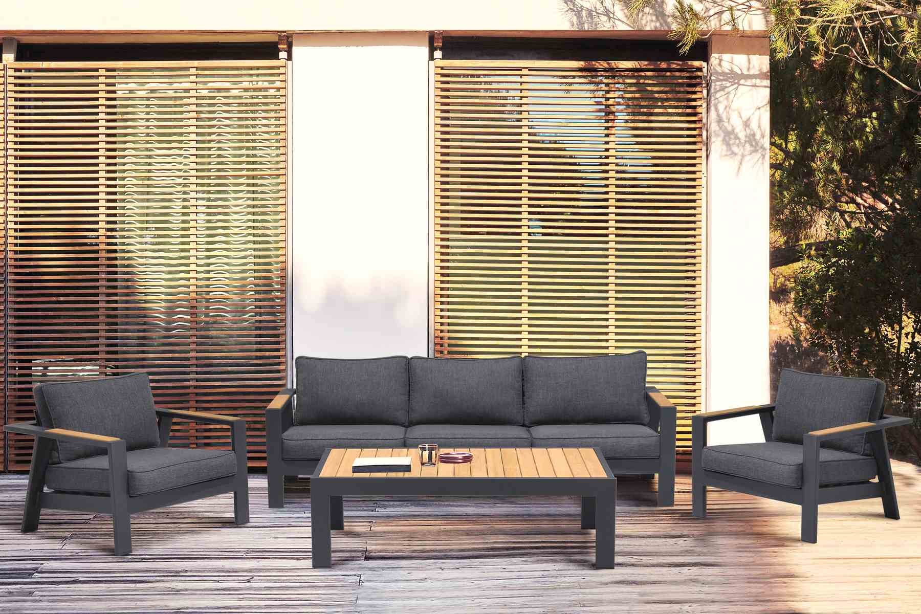 Palau Outdoor Coffee Table in Dark Gray with Natural Teak Wood Top - Image 7