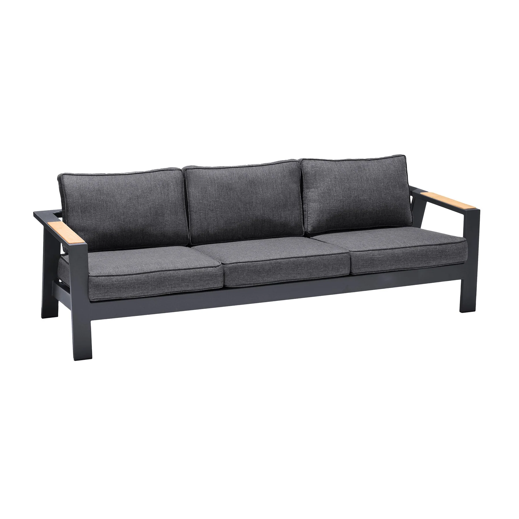 Palau Outdoor Sofa in Dark Gray with Natural Teak Wood Accent and Cushions - Image 2