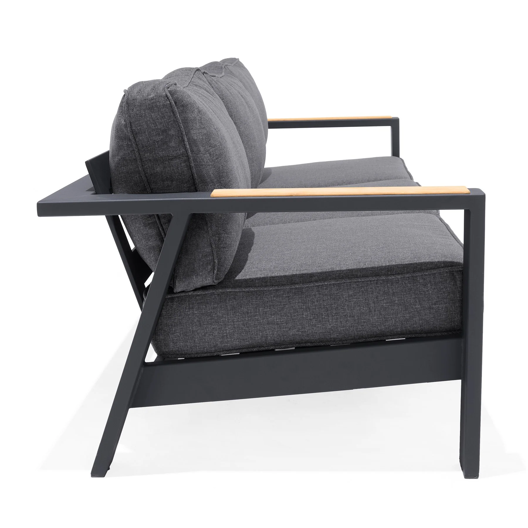 Palau Outdoor Sofa in Dark Gray with Natural Teak Wood Accent and Cushions - Image 3