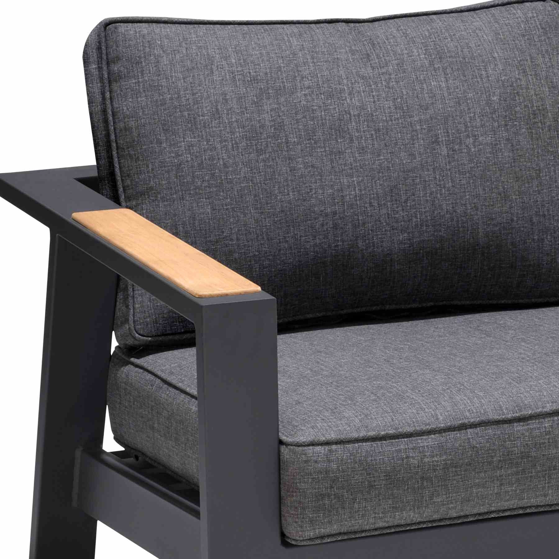 Palau Outdoor Sofa in Dark Gray with Natural Teak Wood Accent and Cushions - Image 5
