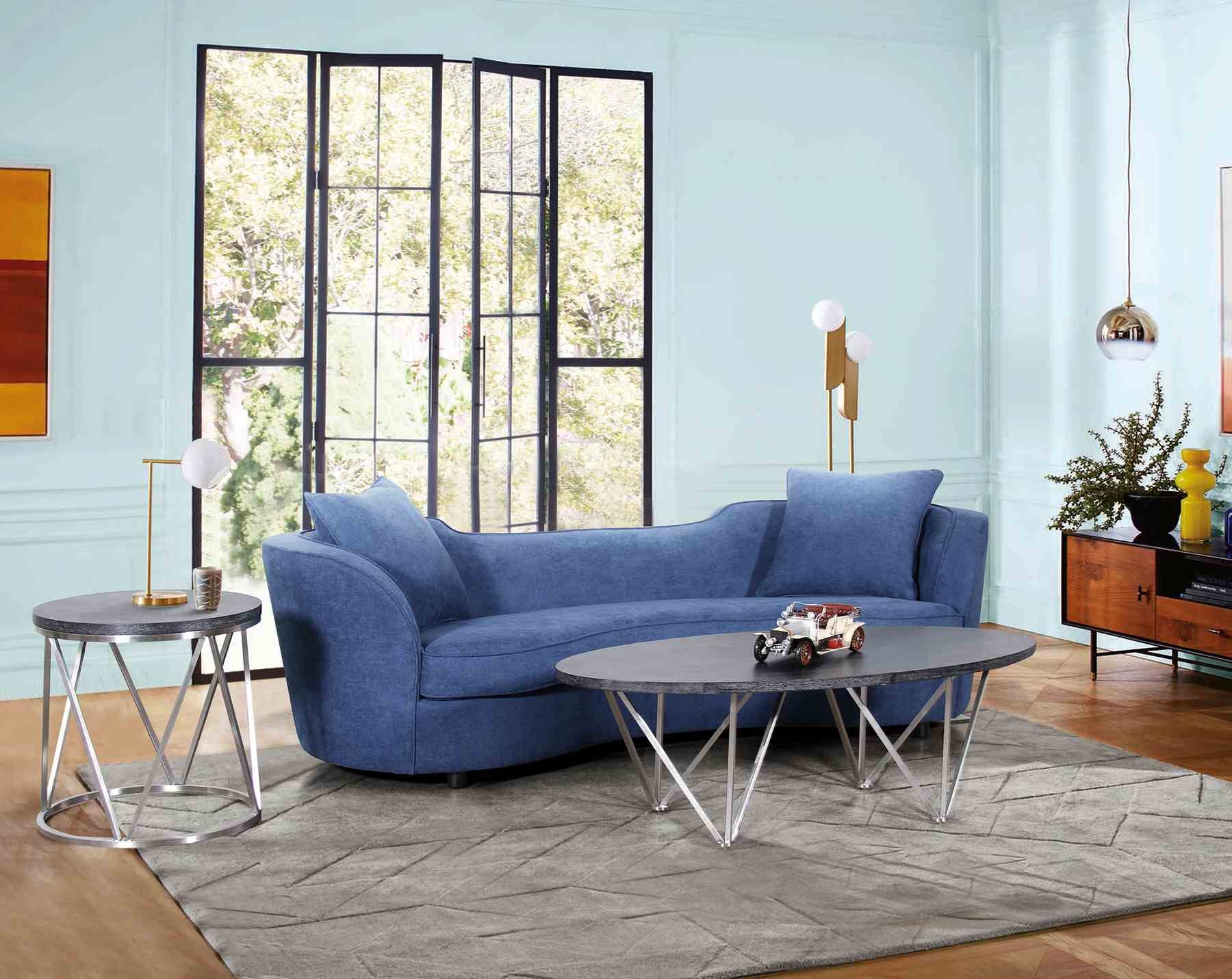 Palisade Contemporary Sofa in Blue Velvet with Brown Wood Legs - Image 4